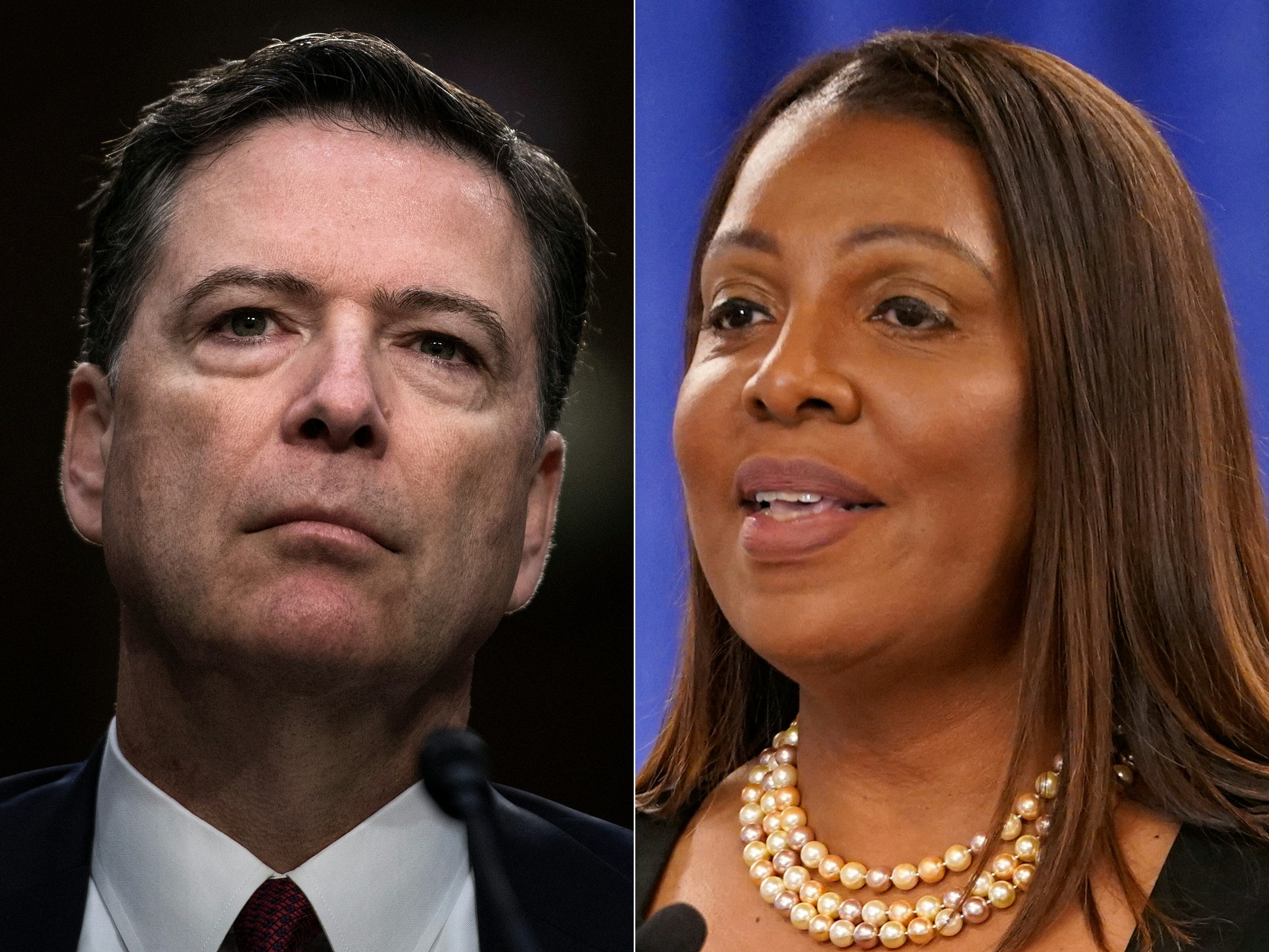 Former FBI Director James Comey and New York Attorney General Letitia James, two long-standing enemies of President Donald Trump that Halligan attempted to prosecute