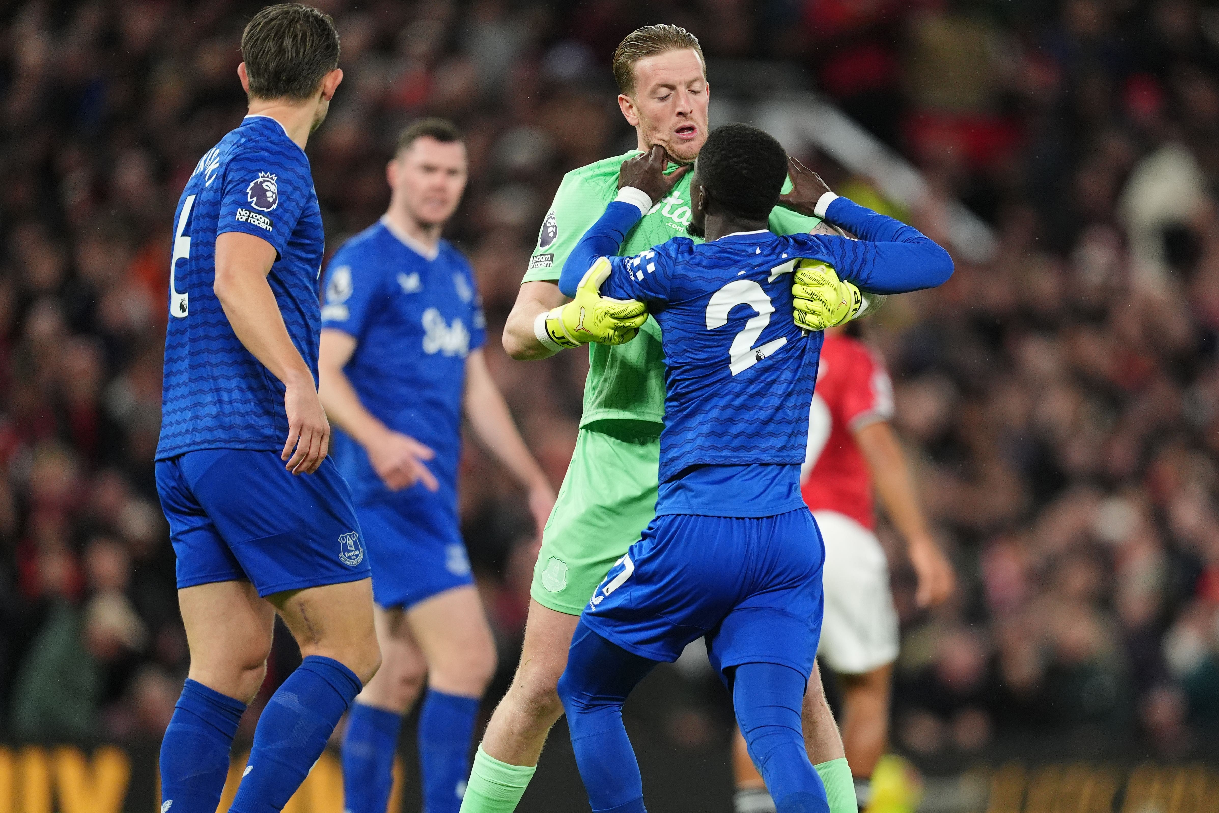 Idrissa Gana Gueye had to be held back after being sent off for slapping team-mate Michael Keane (Martin Rickett/PA)