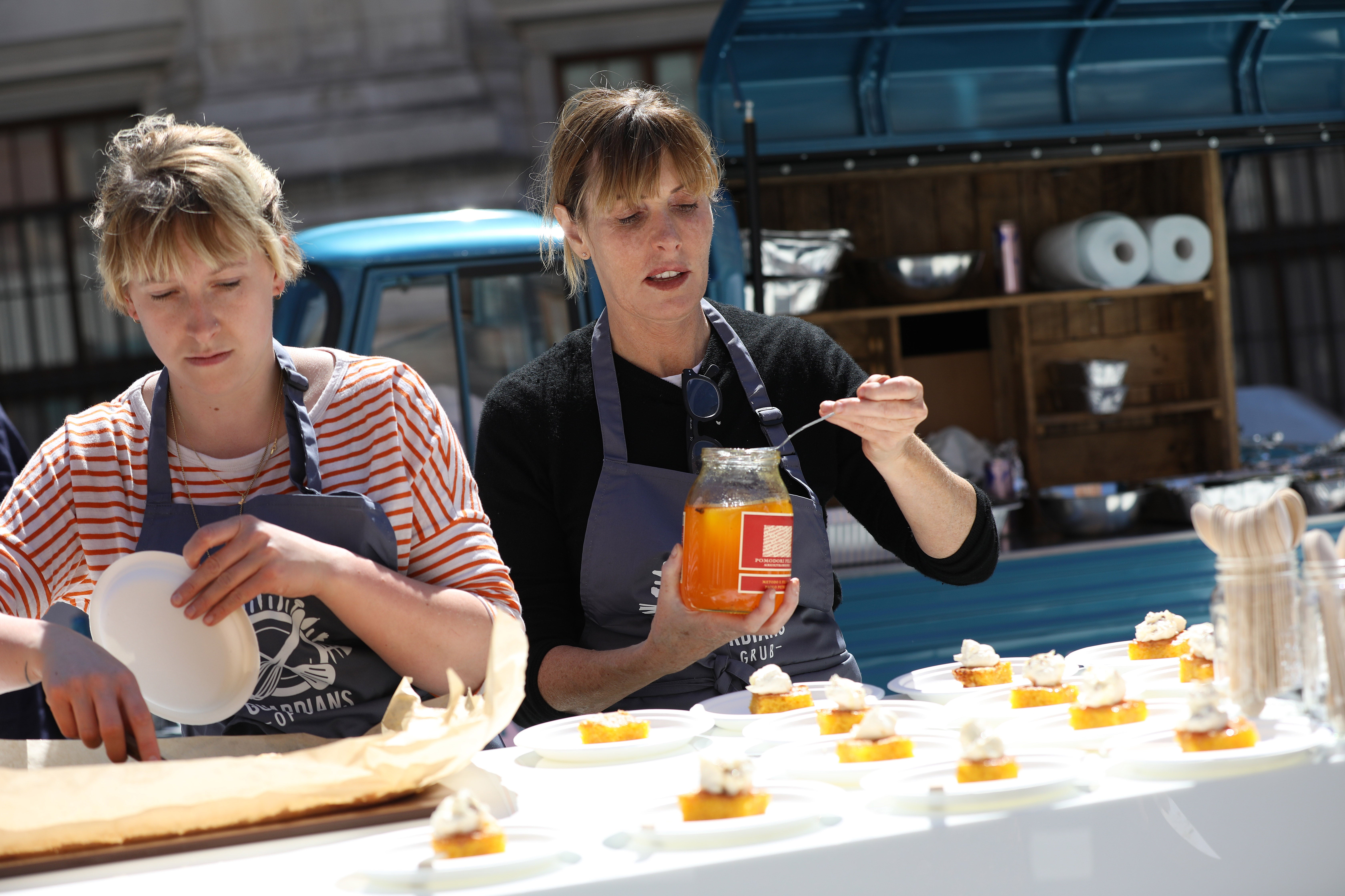 Skye Gyngell (centre) prepares food as part of the Food Waste Cooking Challenge at the STEP UP TO THE PLATE summit on May 13, 2019 in London