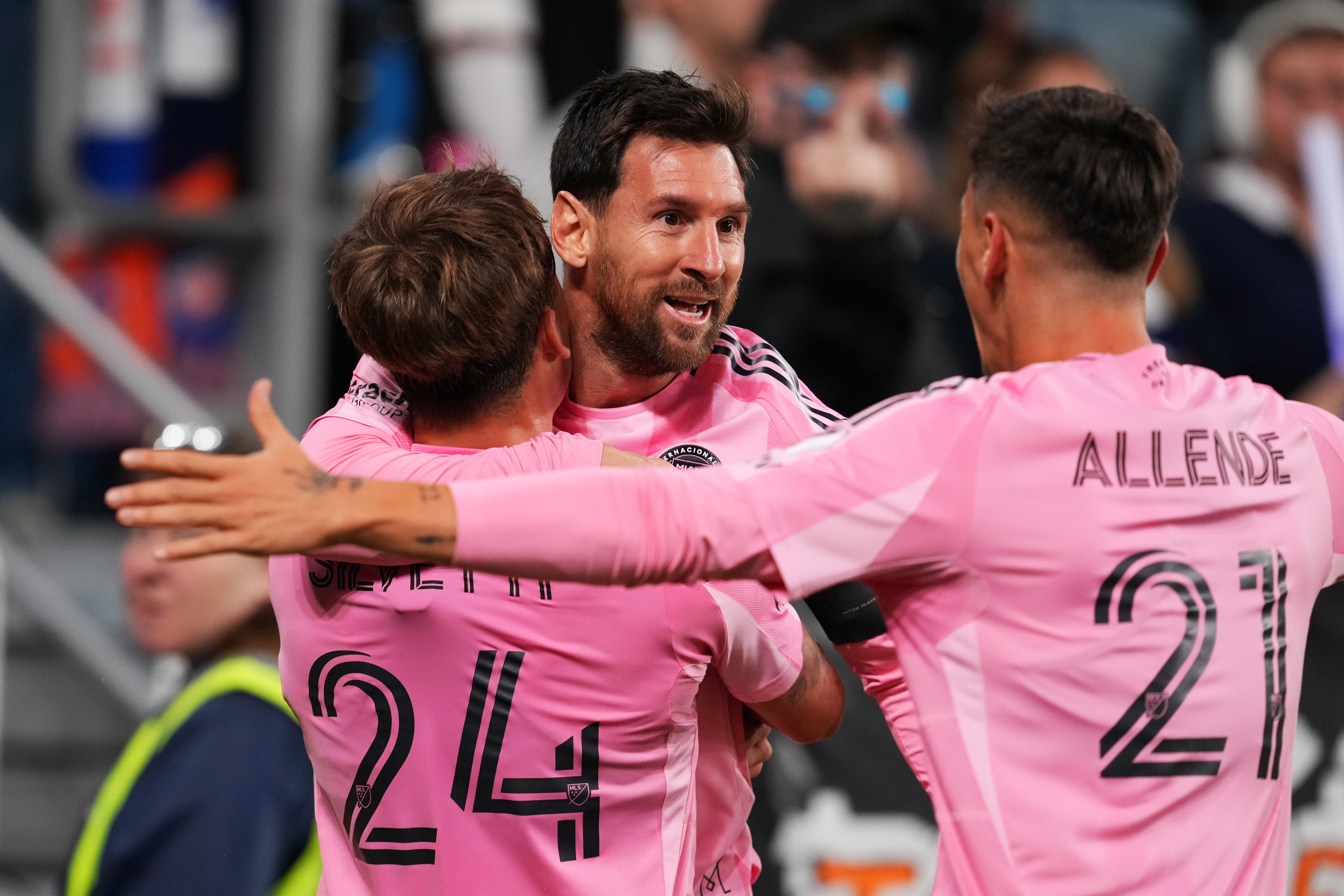 Lionel Messi celebrates with his teammates