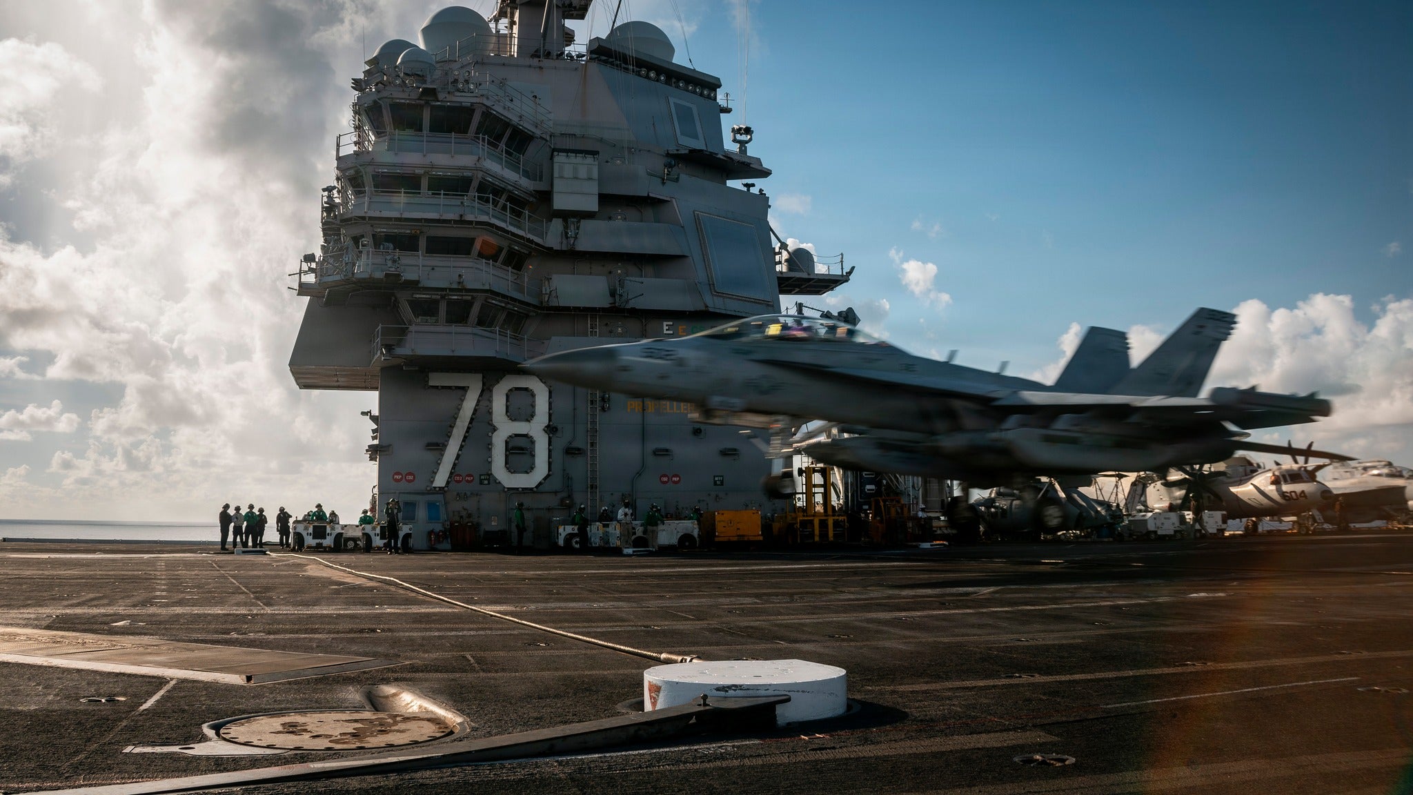 An E/A-18G Growler aircraft lands on the flight deck of the world's largest aircraft carrier, Ford-class aircraft carrier USS Gerald R. Ford on Monday