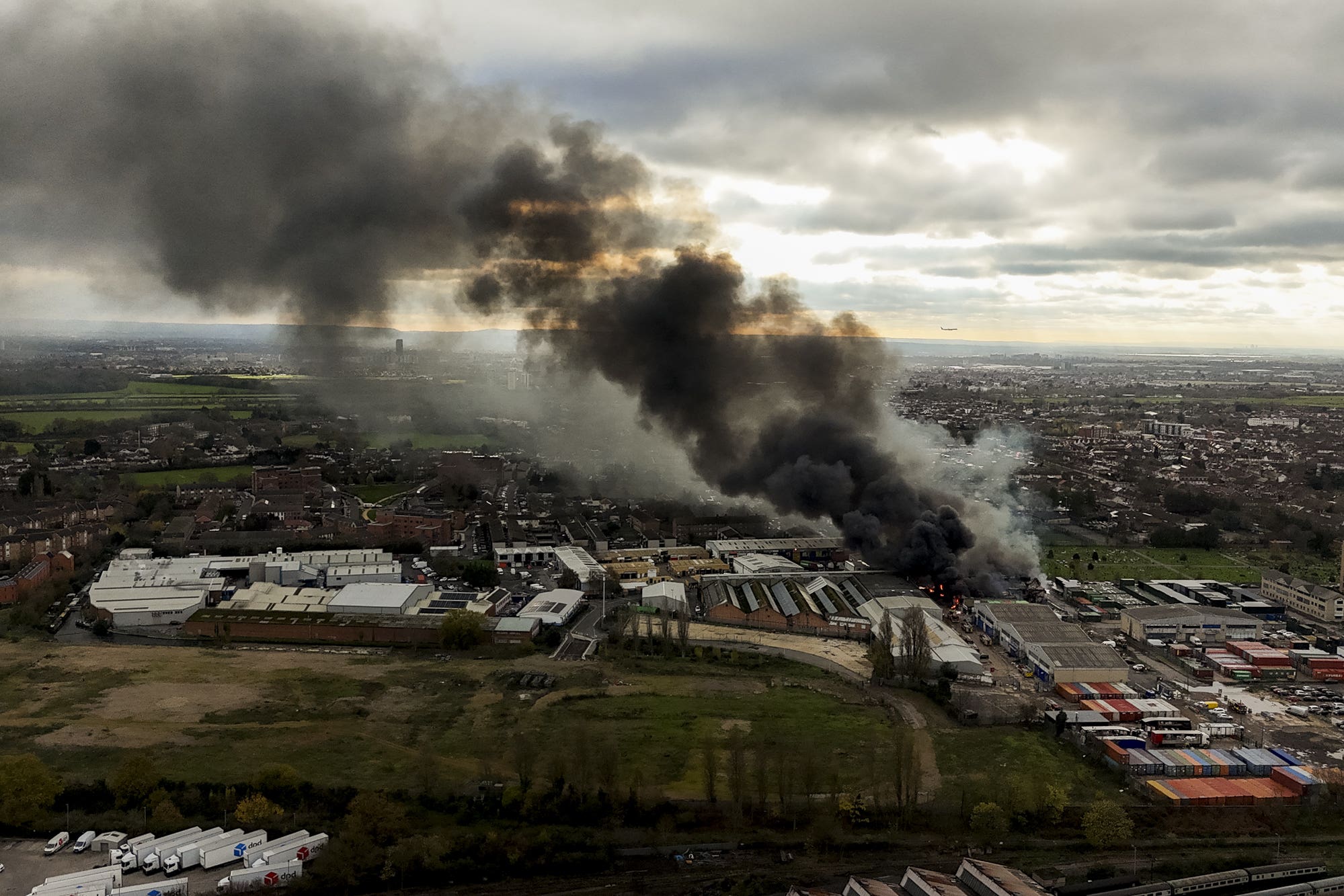 Smoke rises over Southall, west London, where around 150 firefighters are battling a large fire at a two-storey structure consisting of a warehouse and retail space on Bridge Road (Jordan Pettitt/PA)
