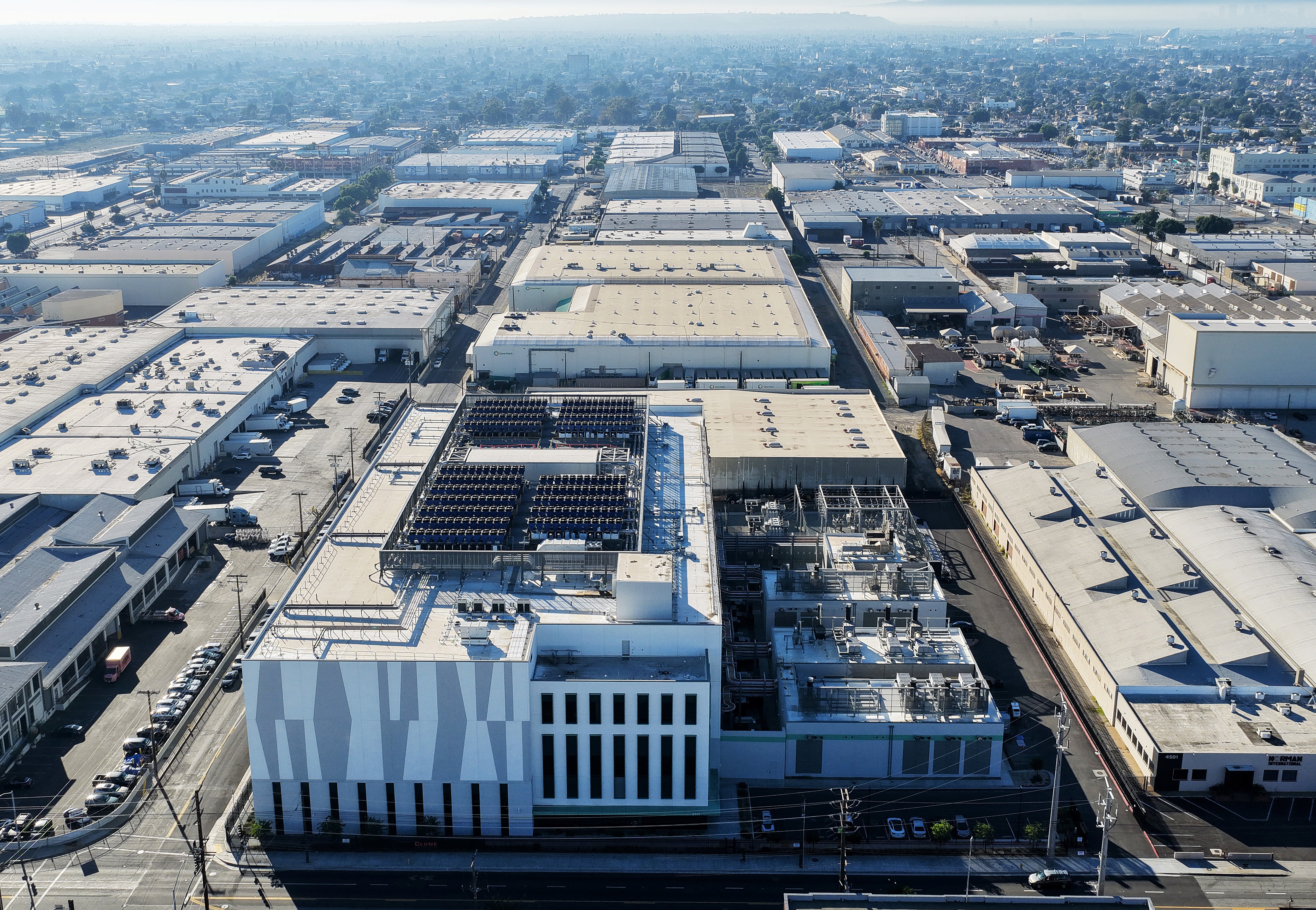 <p>An aerial view of a 33 megawatt data center with closed-loop cooling system on October 20, 2025 in Vernon, California</p>