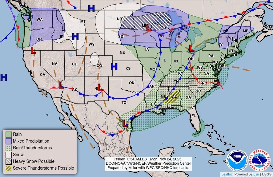 A National Weather Service map shows weather forecasted for Tuesday. Green areas indicate rain; purple shows mixed precipitation; white is designated as snow; yellow marks where severe thunderstorms are possible