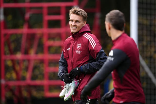 <p>Arsenal's Martin Odegaard during a training session before the Bayern Munich clash</p>