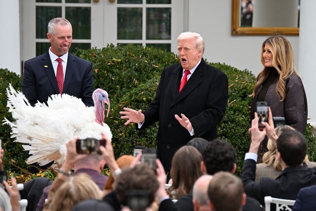 <p>Trump took aim at Democrats Chuck Schumer and Nancy Pelosi before pardoning the turkeys, minutes after slamming Biden’s autopen use</p>