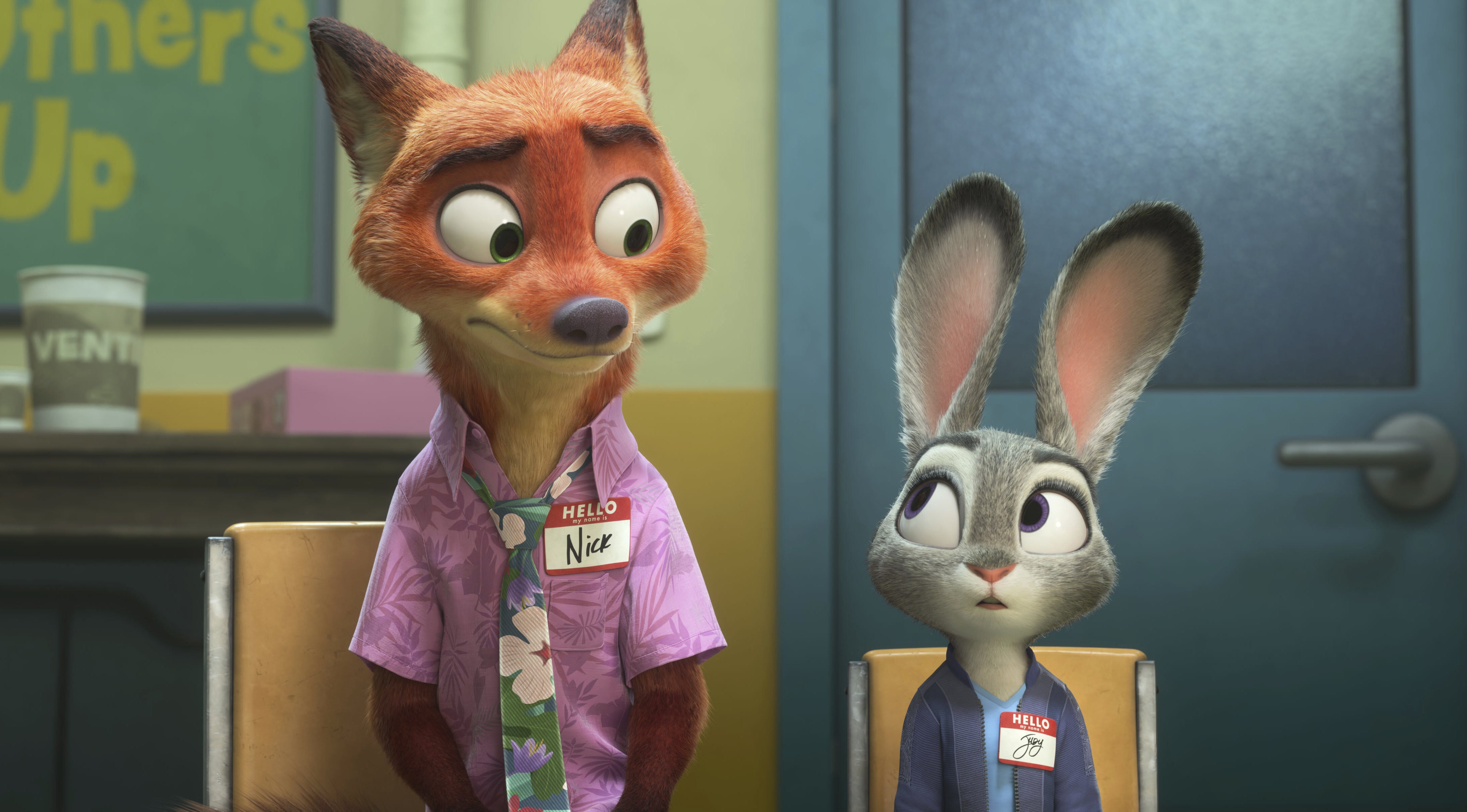 Nick Wilde, voiced by Jason Bateman, left, and Judy Hopps, voiced by Ginnifer Goodwin, in a scene from ‘Zootopia 2’
