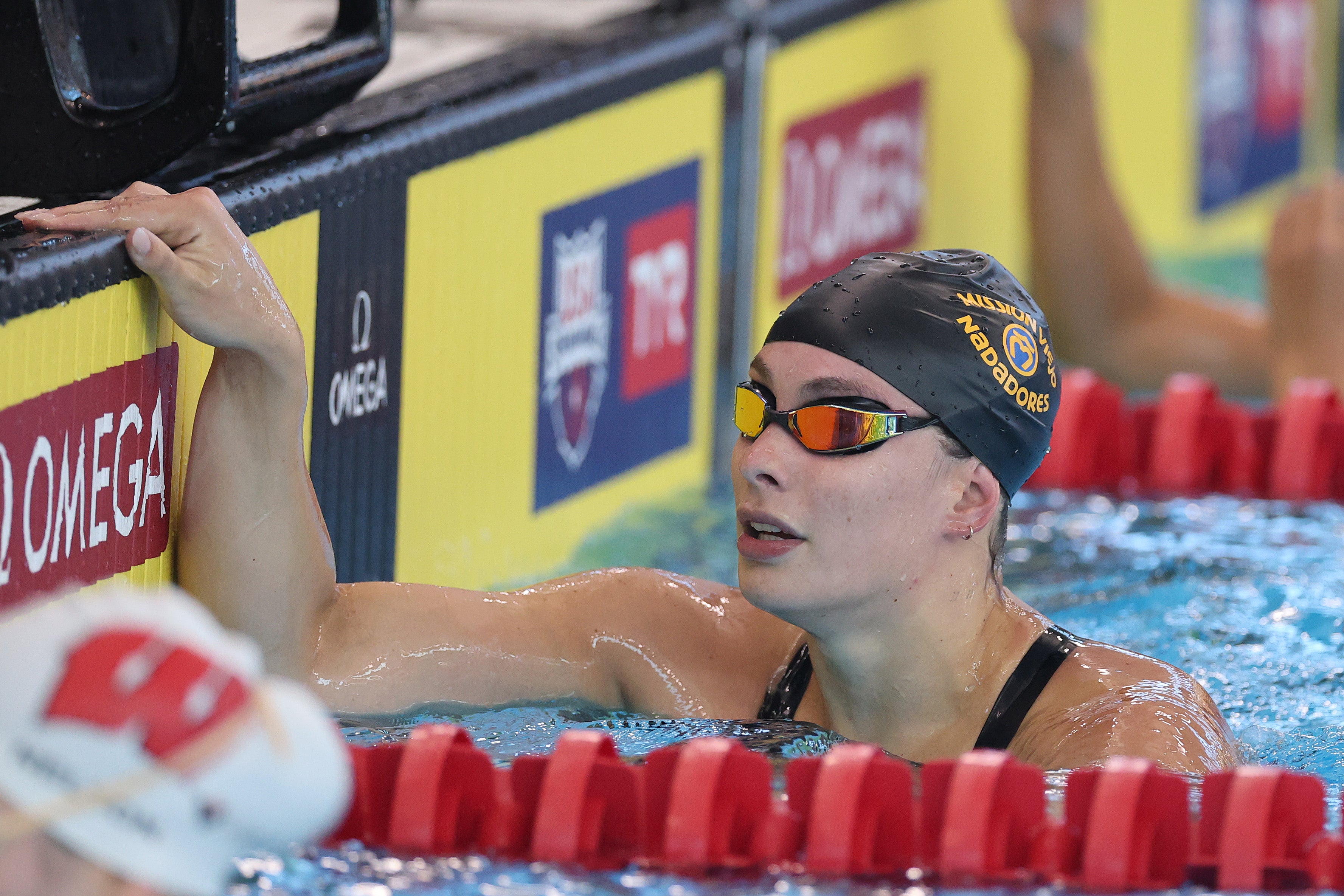 Penny Oleksiak of Canada looks on after competing in the Women's 100 Meter Freestyle heats on Day 2 of the TYR Pro Swim Series Westmont at FMC Natatorium on March 06, 2025 in Westmont, Illinois