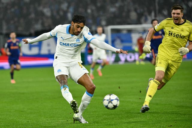 <p>Aubameyang capitalised on an error by goalkeeper Pope to get Marseille back into the game </p>