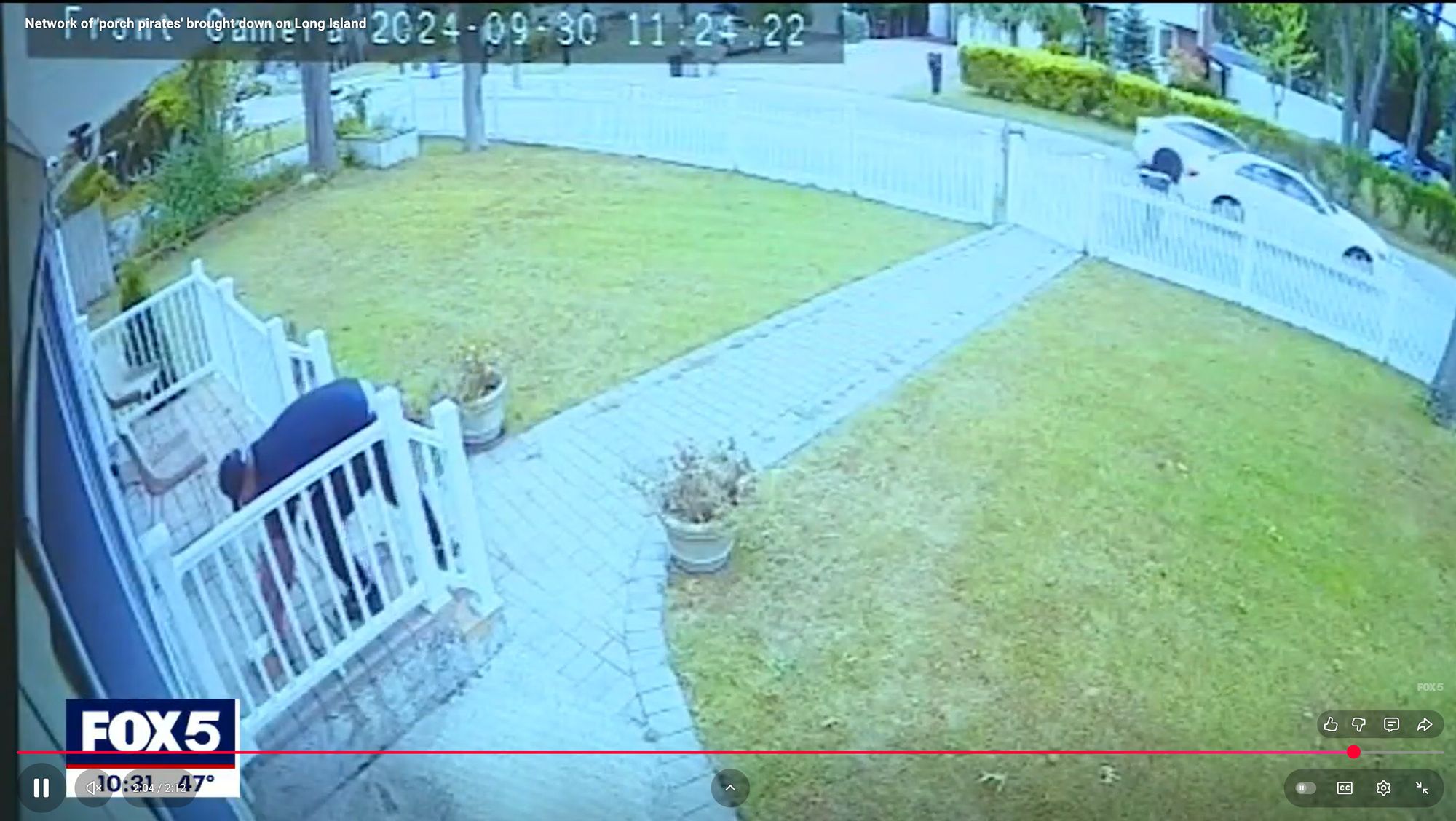 <p>Video released by authorities shows one of the alleged theft ring stealing a package from a Long Island doorstep</p>