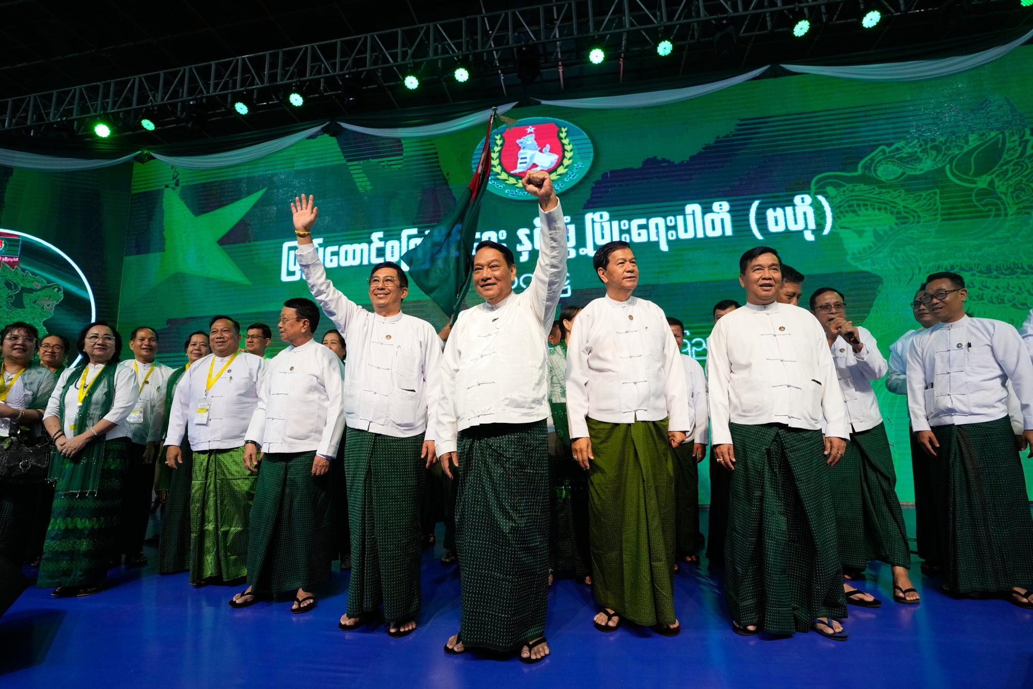 Khin Yi, center, leader of the Union Solidarity and Development Party, during a ceremony to release the party's manifesto on 19 November 2025