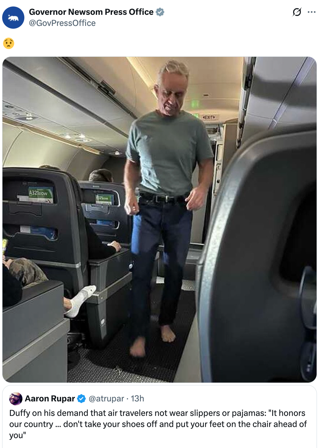 California Gov. Gavin Newsom posts an unfortunate picture of Health and Human Services Robert F Kennedy Jr to mock Transportation Secretary Sean Duffy’s new 'civility' campaign for air travel on Monday November 24 2025