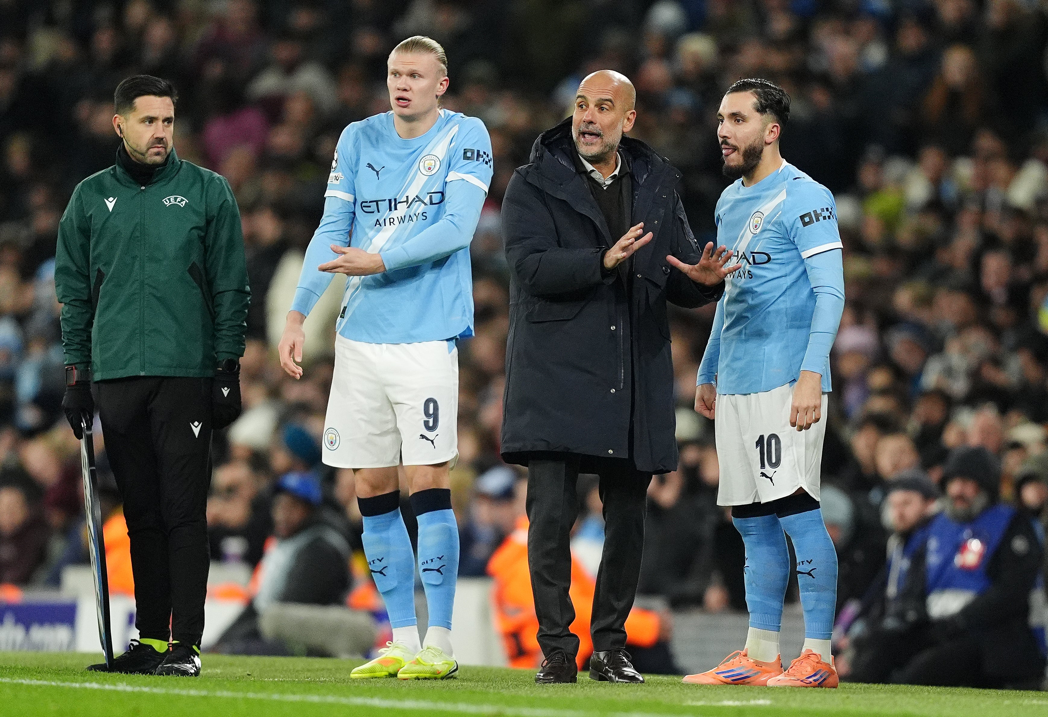 Pep Guardiola had to bring on the likes of Erling Haaland (centre left) and Rayan Cherki (right) in an unsuccessful attempt to avoid defeat (Martin Rickett/PA)