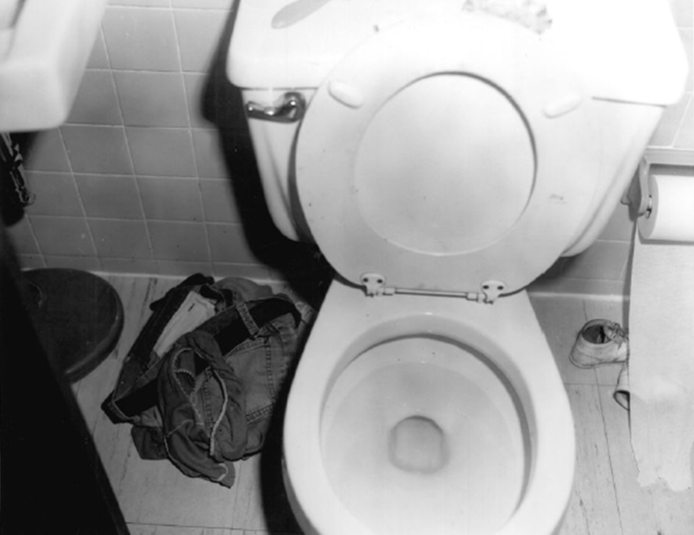 A photo from Lord’s bathroom showing her jeans on the floor andt he toilet seat up, suggesting a man was the last person to use it.