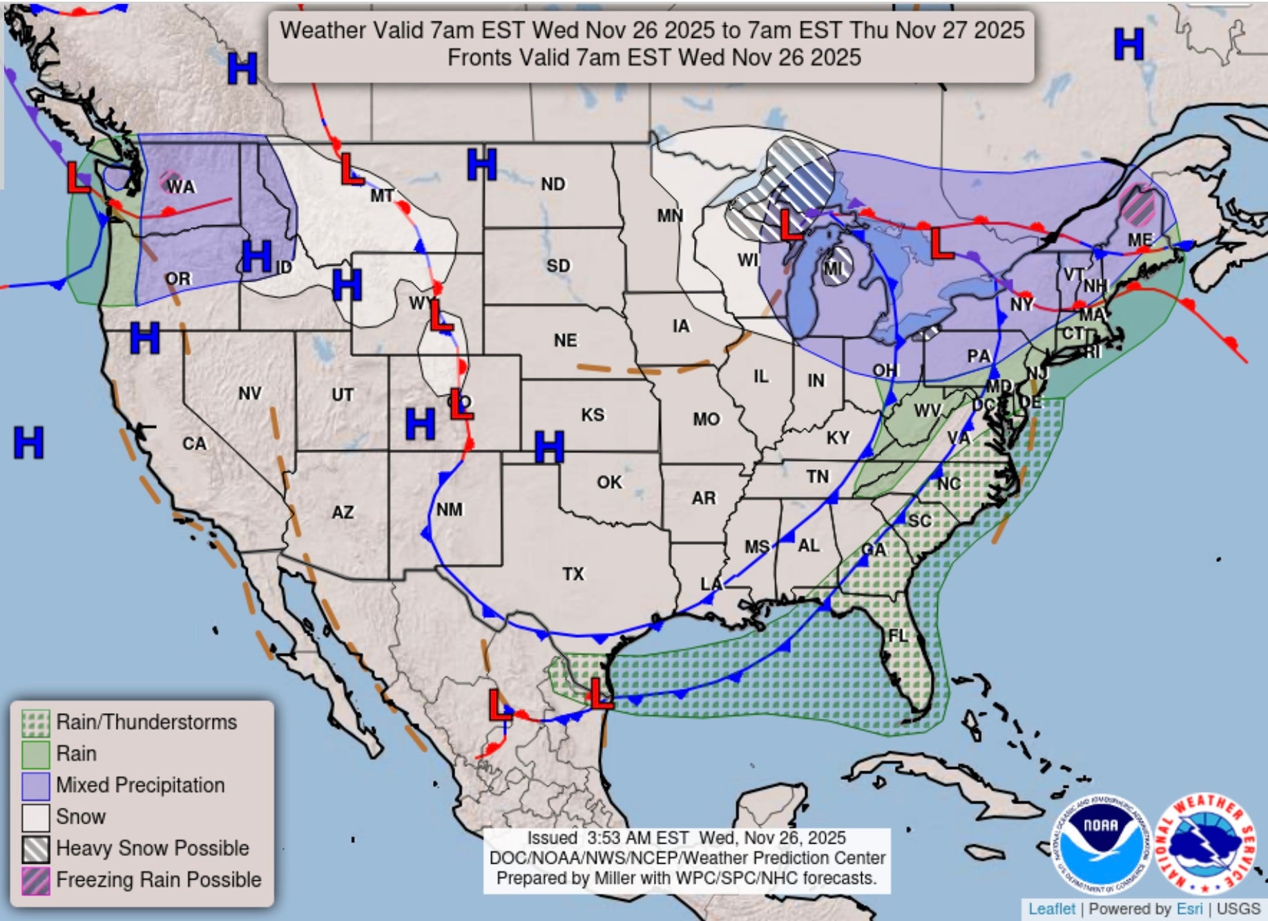 A map from the National Weather Service shows areas of the U.S. affected by rain, in green, and snow, in white, on Wednesday. Purple indicates where there will be mixed precipitation