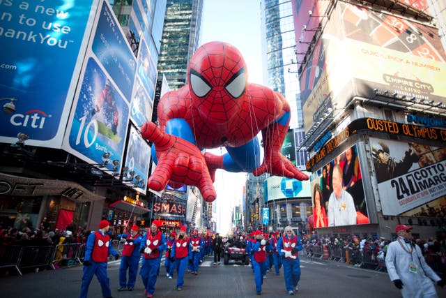 <p>NEW YORK - NOVEMBER 24:  The Spiderman balloon makes its way through Times Square in Macy's Thanksgiving Day parade on November 24, 2011 in New York City.  The 85th annual event is the second oldest Thanksgiving Day parade in the U.S.  (Photo by Michael Nagle/Getty Images)</p>