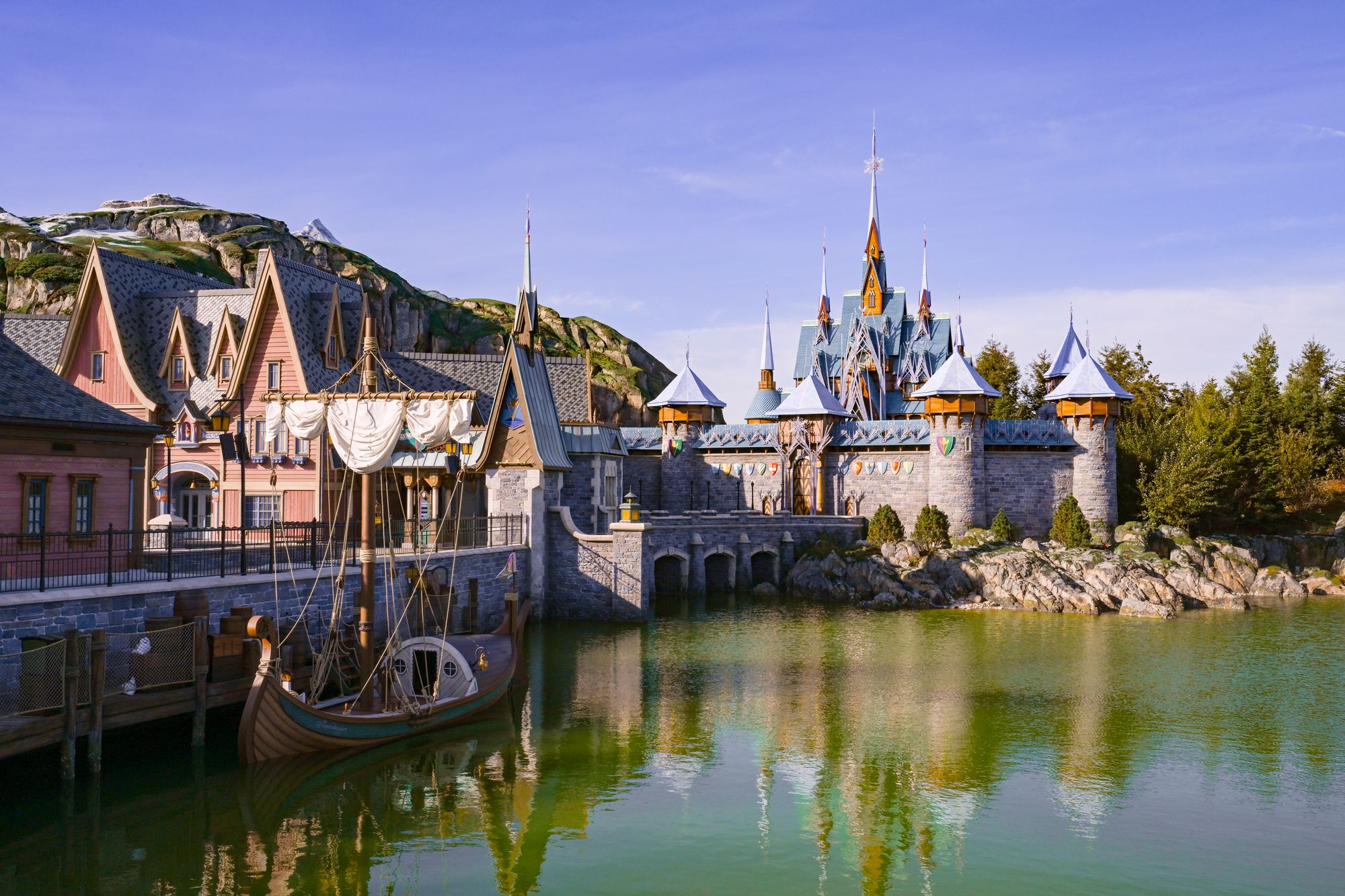 Pictured is Arendelle Bay and a Viking-style boat that'll be used as a show barge for a daily performance featuring songs composed by Let it Go writers Kristen Anderson-Lopez and Robert Lopez