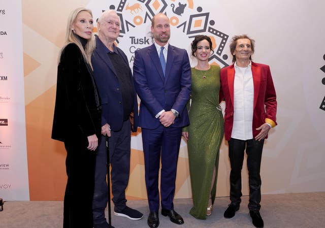 <p>The Prince of Wales poses for a photo alongside (left to right) Jennifer Cleese, John Cleese, Sally Wood and Ronnie Wood as he arrives for the Tusk Conservation Awards at The Savoy Hotel in central London</p>