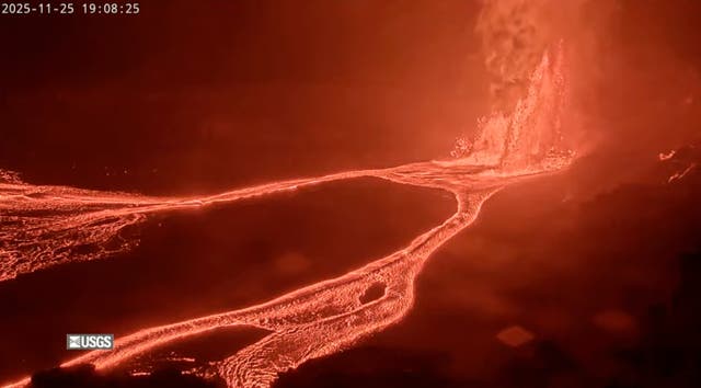 <p>This image from video by the United States Geological Survey shows lava erupting from Kilauea volcano on Tuesday, Nov. 25, 2025, in Hawaii Volcanoes National Park, Hawaii. (USGS via AP)</p>