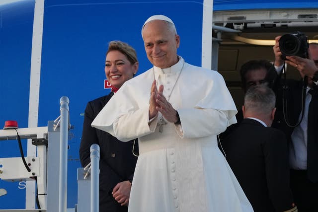<p>Pope Leo XIV boards a plane in Rome's Fiumicino airport on his way to a six-day trip to Turkey and Lebanon, Thursday, Nov. 27, 2025.</p>