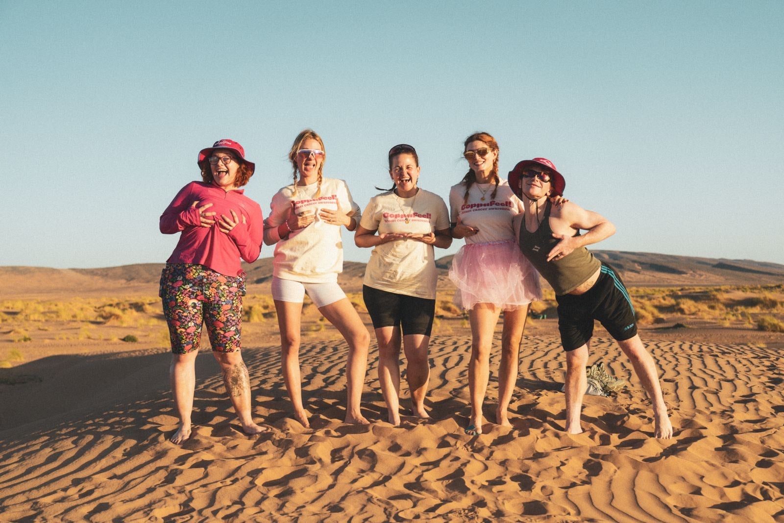 From left, Carrie Hope Fletcher, Millie Mackintosh, Giovanna Fletcher, Ashley James and Bimini in the Sahara