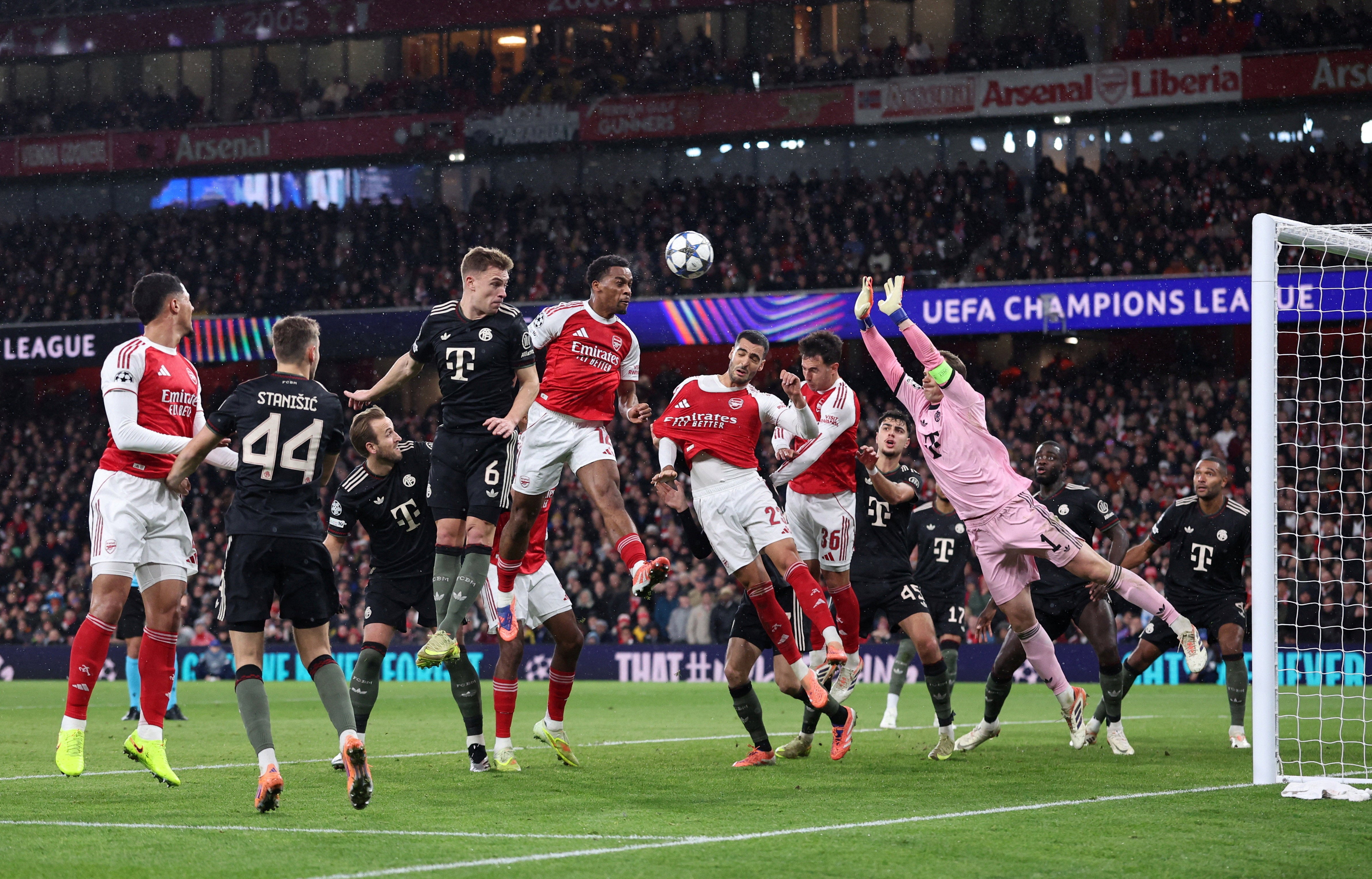 Jurrien Timber nudged Manuel Neuer before scoring Arsenal's first goal against Bayern Munich