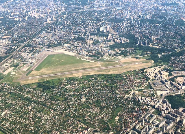 <p>Waiting for peace: Zhuliany airport close to central Kyiv, pictured before the Russian invasion</p>