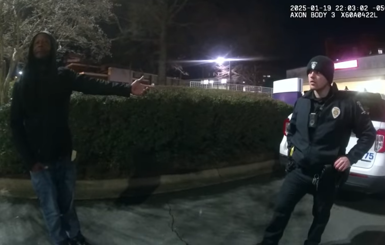 Decarlos Brown jr points at a police officer during a welfare check in January, seven months prior to the murder of Iryna Zarutska