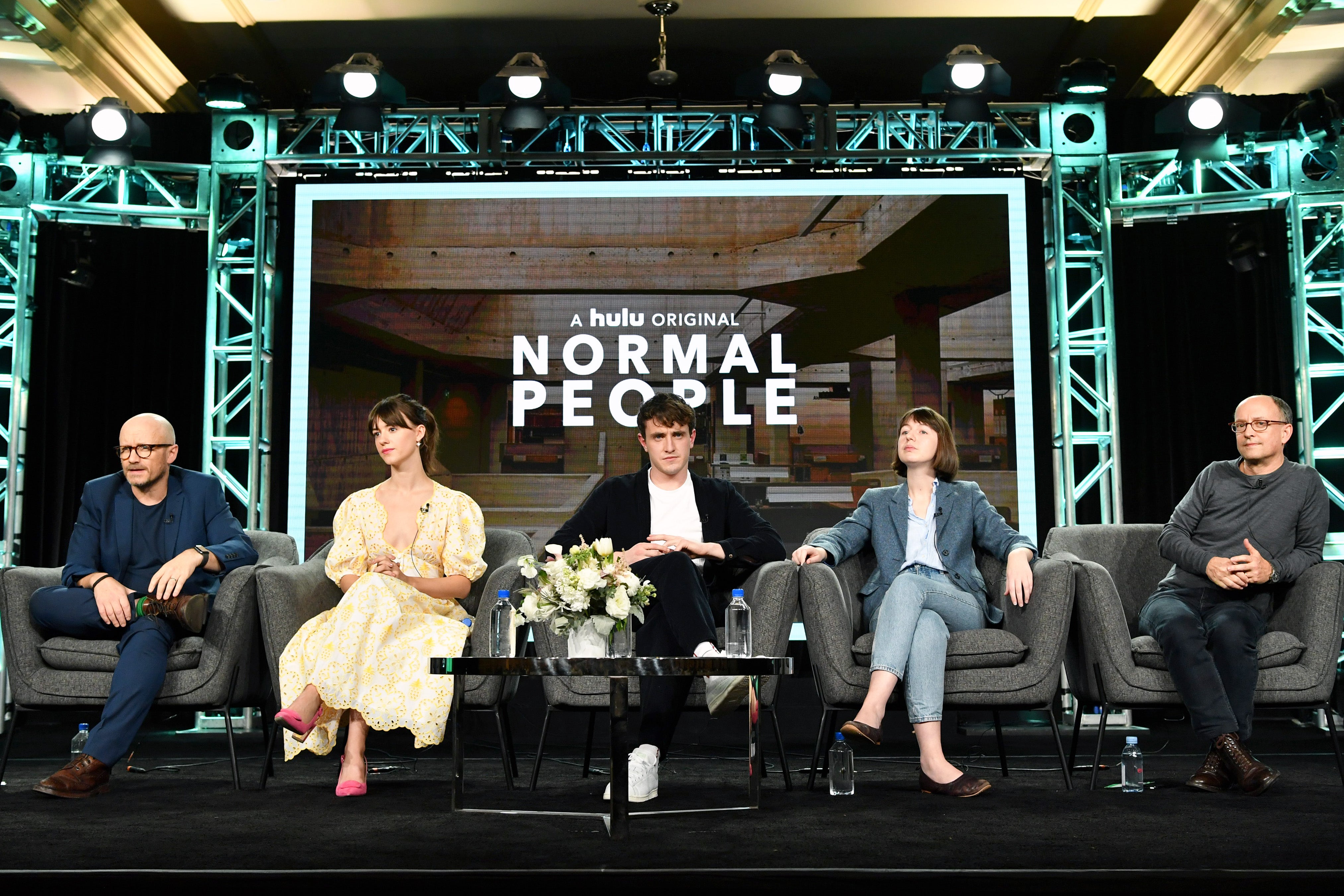 Lenny Abrahamson, Daisy Edgar-Jones, Paul Mescal, Sally Rooney, and Ed Guiney of tv series "Normal People" speak a press tour
