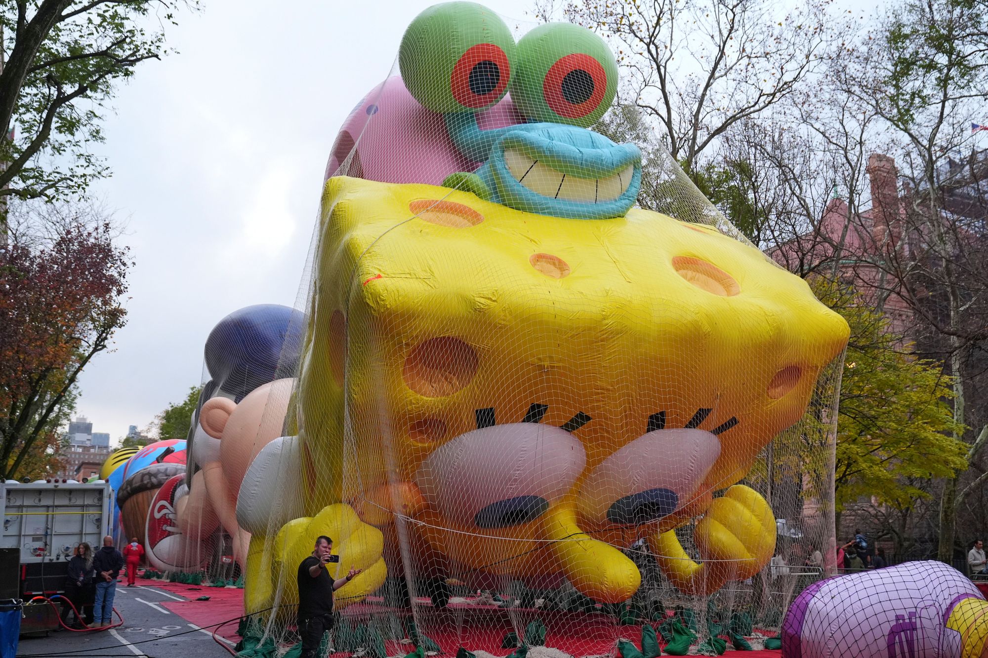 The SpongeBob SquarePants balloon pictured just before its debut in the 2025 Macy's Thanksgiving Day parade