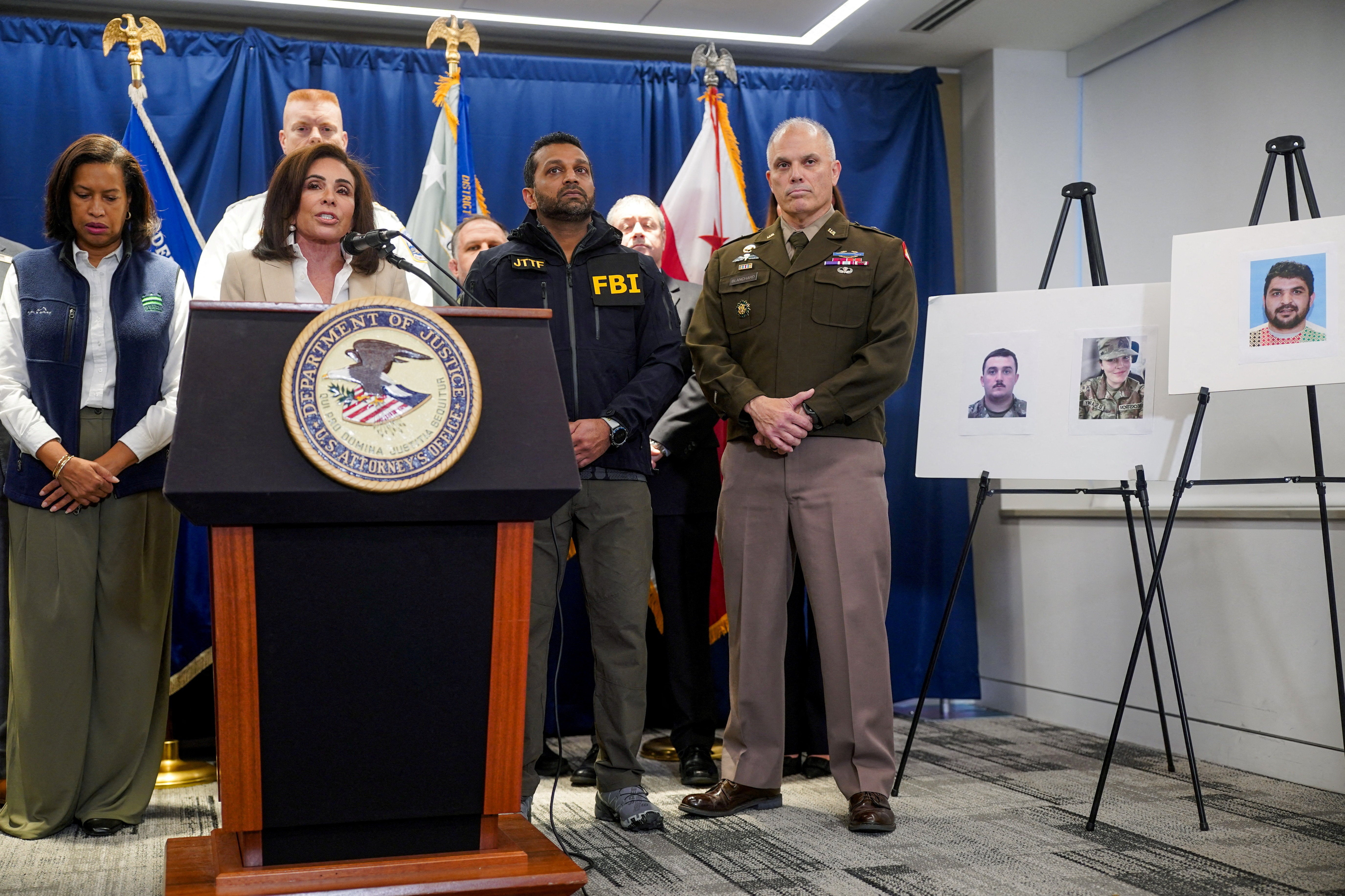 U.S. Attorney for D.C. Jeanine Pirro speaks next to FBI Director Kash Patel and other authorities during a press conference Thursday