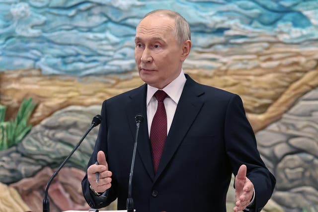 <p>Russian President Vladimir Putin gestures speaking to Russian journalists after the summit of the Collective Security Treaty Organisation (CSTO) in Bishkek, Kyrgyzstan, on Thursday, Nov. 27, 2025. (Alexander Kazakov, Sputnik, Kremlin Pool Photo via AP)</p>