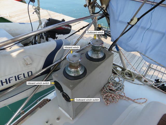 <p>The aft cockpit winches on board the recreational sailing vessel Mollie</p>
