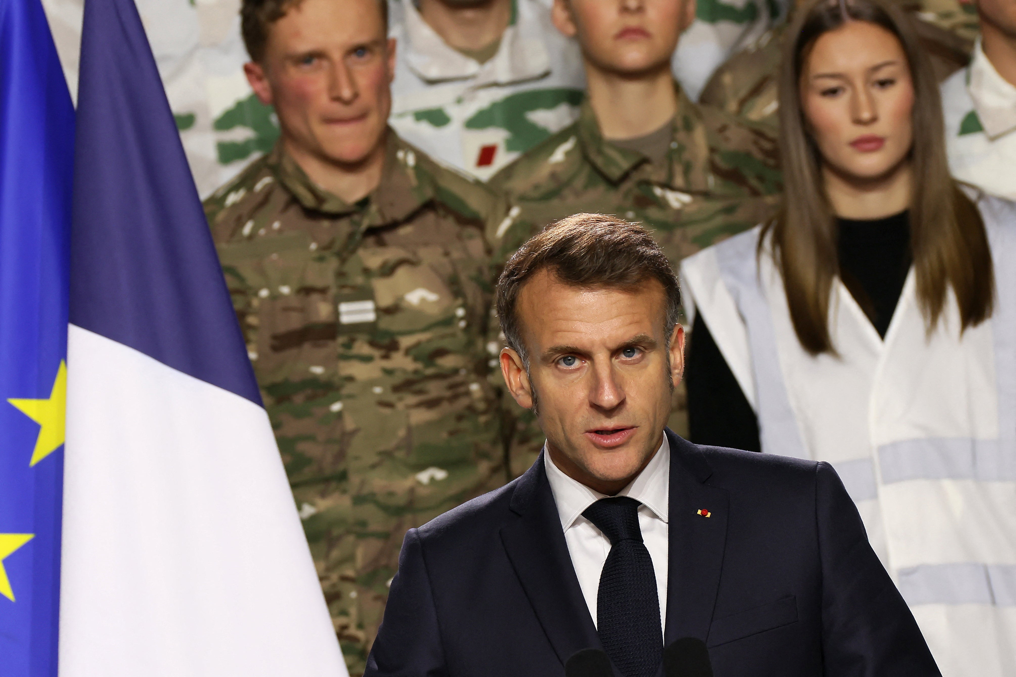 <p>France's President Emmanuel Macron delivers a speech to unveil a new national military service at the military base in Varces, French Alps</p>
