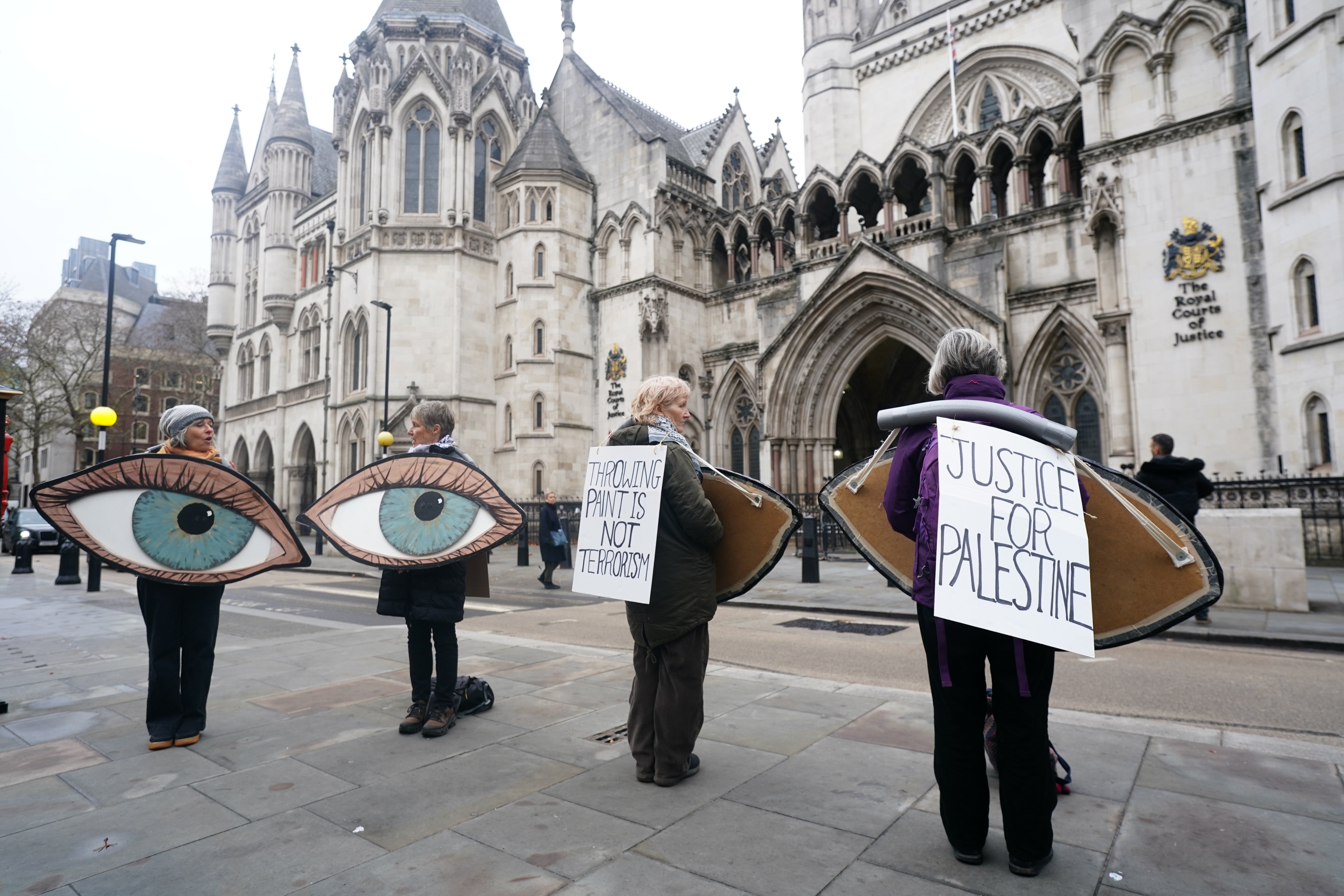 Campaigners outside the Royal Courts of Justice, central London, where Palestine Action co-founder Huda Ammori is taking legal action against the Home Office
