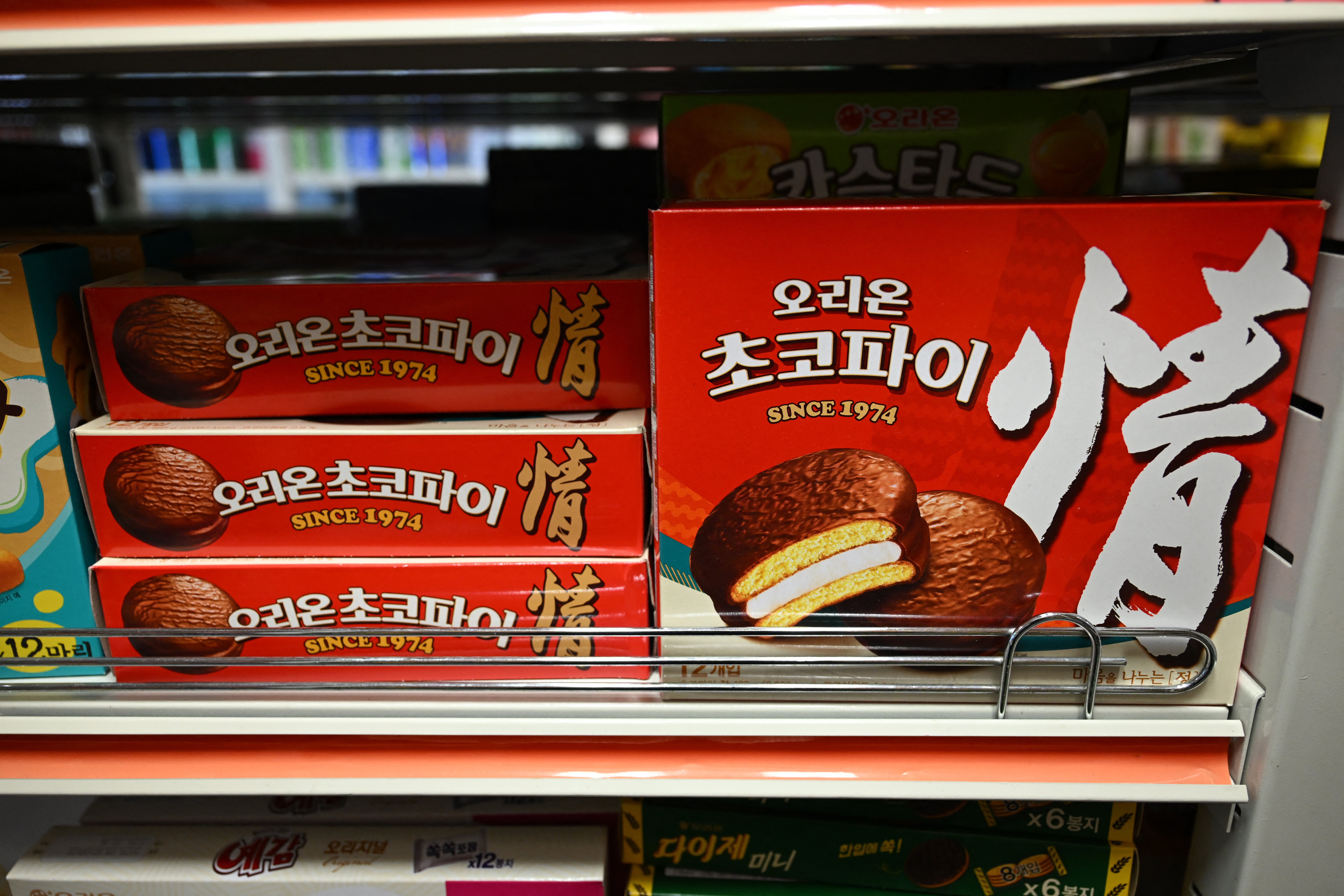 Boxes of Choco Pies on a shelf in a convenience store in Seoul