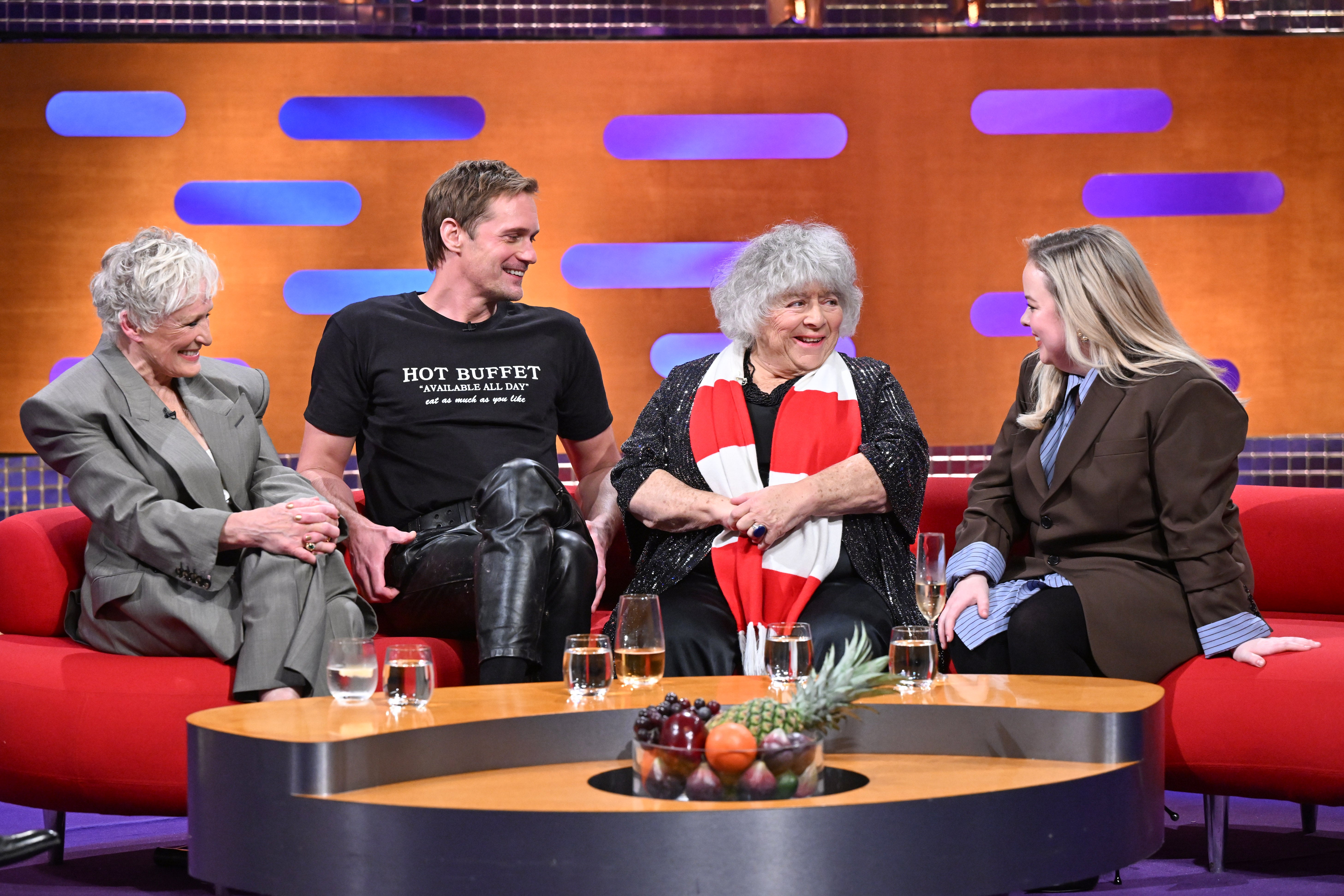 Glenn Close, Alexander Skarsgard, Miriam Margolyes and Nicola Coughlan during filming for the ‘Graham Norton Show’