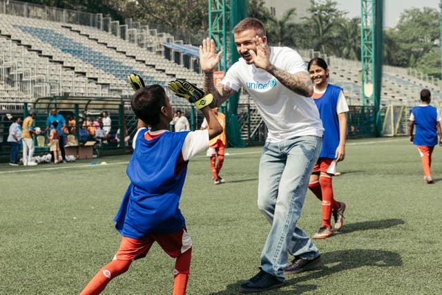 <p>The football star attended the Cooperage Football Grounds in Mumbai on Thursday where he met children and young people from underserved communities who are being supported by the Oscar Foundation (Unicef/PA)</p>