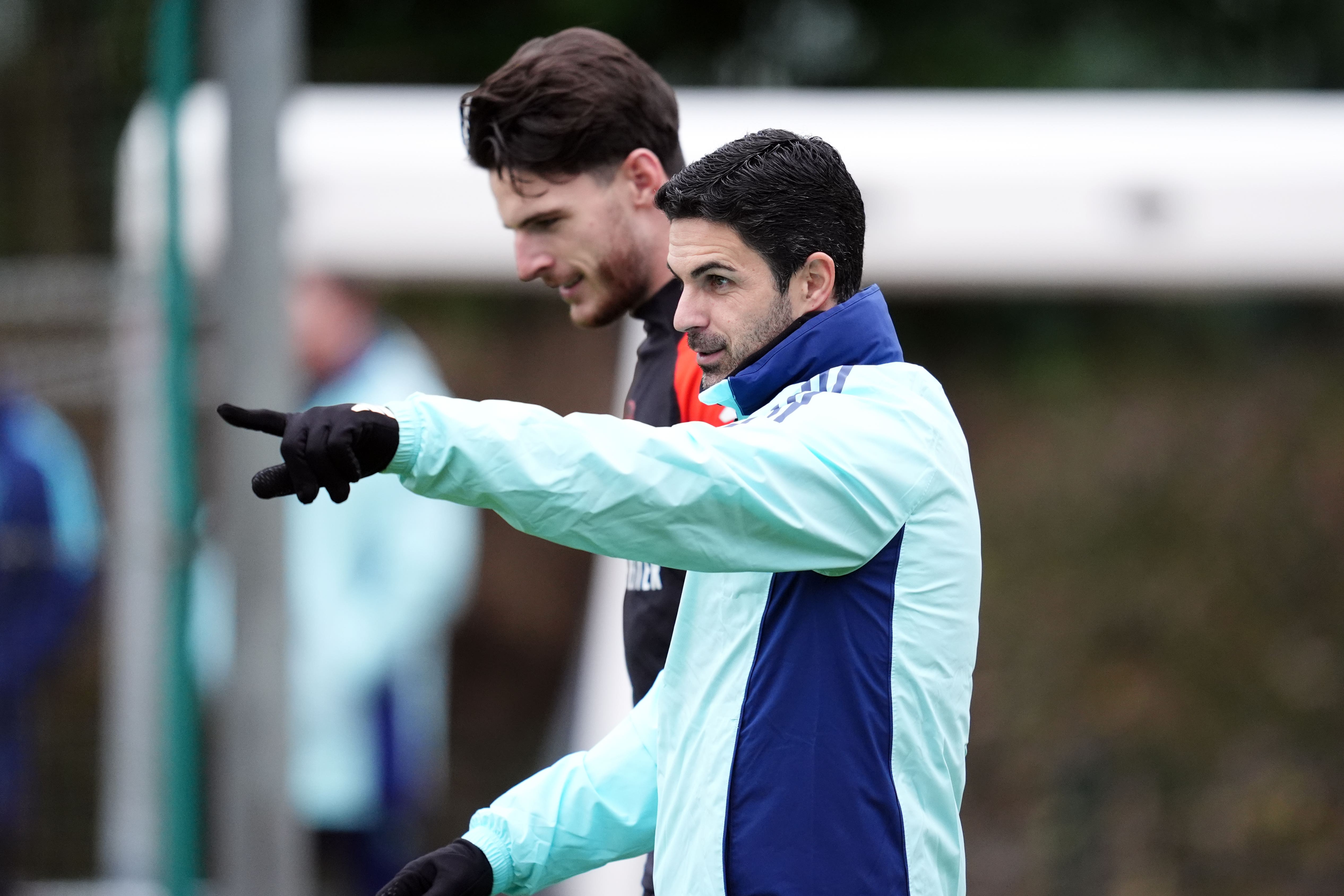 Arsenal manager Mikel Arteta with Declan Rice during a training session (Adam Davy/PA)