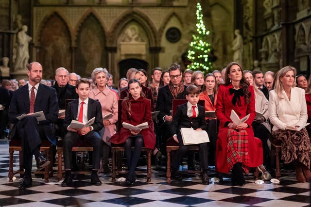 (front row, left to right) The Prince of Wales, Prince George, Princess Charlotte, Prince Louis, Princess of Wales and the Duchess of Edinburgh during last year’s Together At Christmas carol service at Westminster Abbey (Aaron Chown/PA)