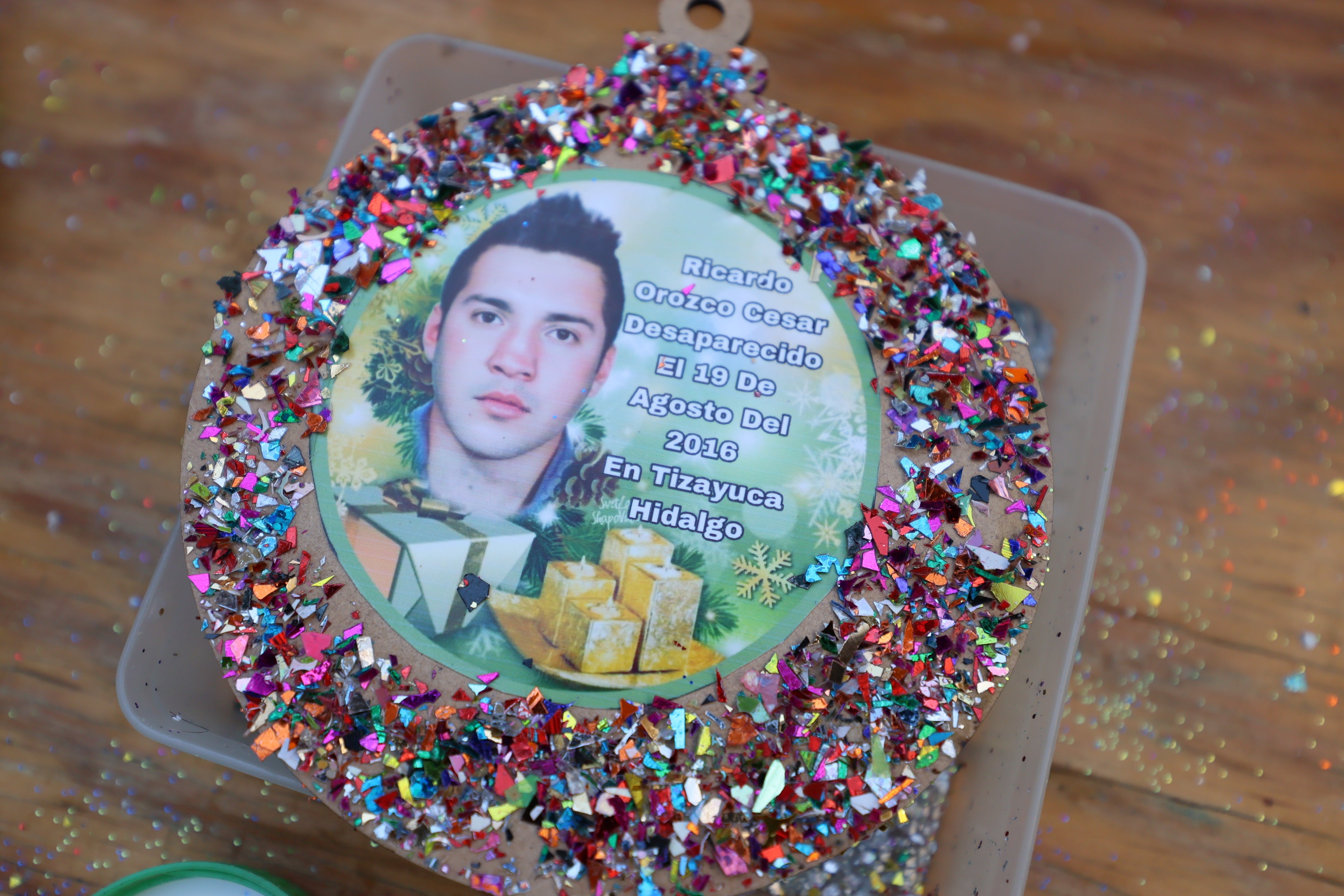 A photograph of Ricardo Orozco, who disappeared on 19 August, 2016 in Tizayuca, Hidalgo state on a Christmas ornament