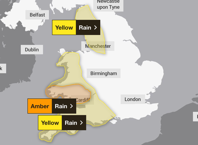 <p>An amber weather warning is in place for Wales on Monday</p>