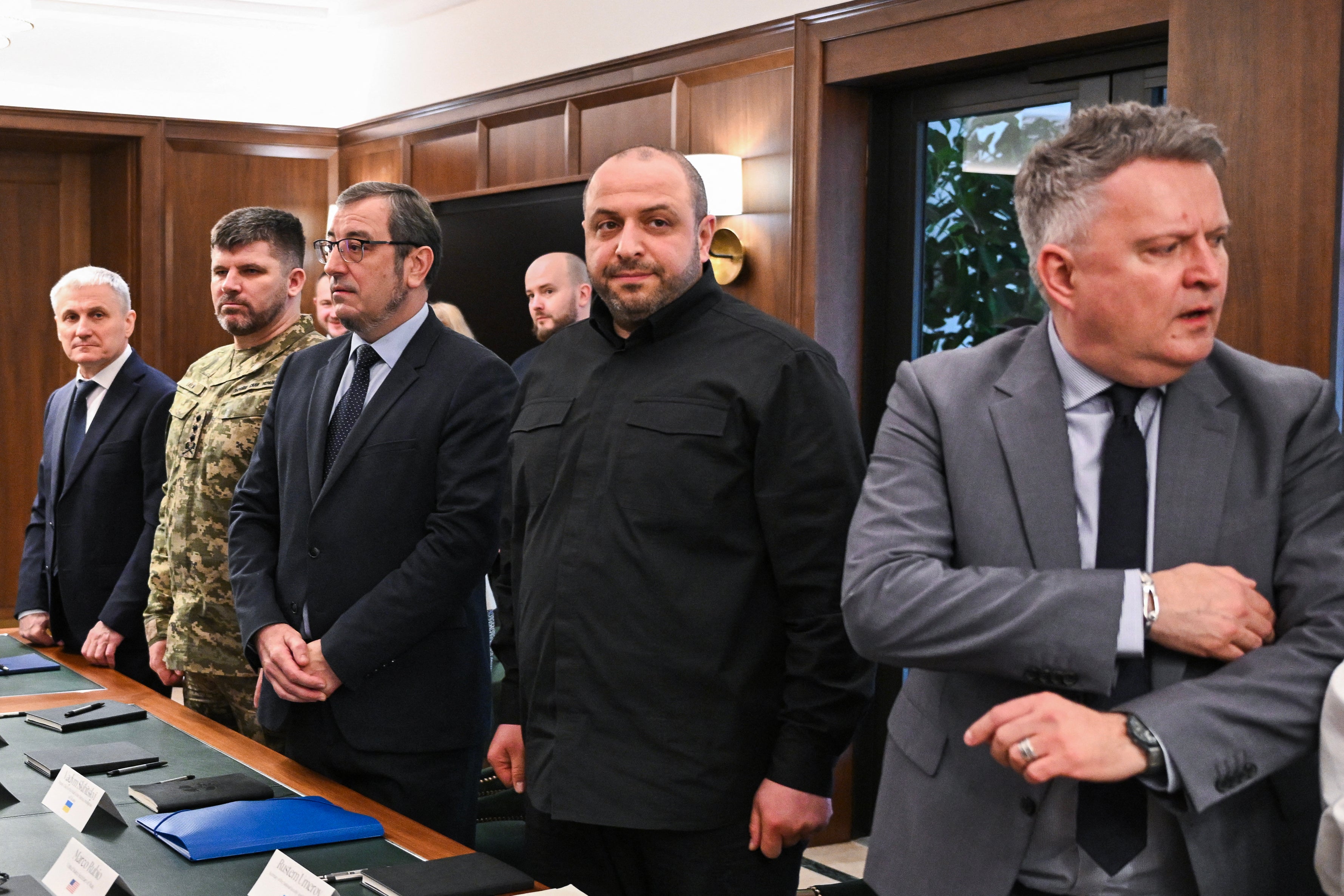 Secretary of the National Security and Defense Council of Ukraine Rustem Umerov (2R) leads the Ukrainian delegation including Head of the Foreign Intelligence Service Oleh Ivashchenko (L), Chief of the General Staff of Ukraine Andrii Hnatov (2L), Deputy Chief to the Head of the Defence Intelligence Vadym Skibitsky (C) and First Deputy Foreign Minister Sergiy Kyslytsya (R)