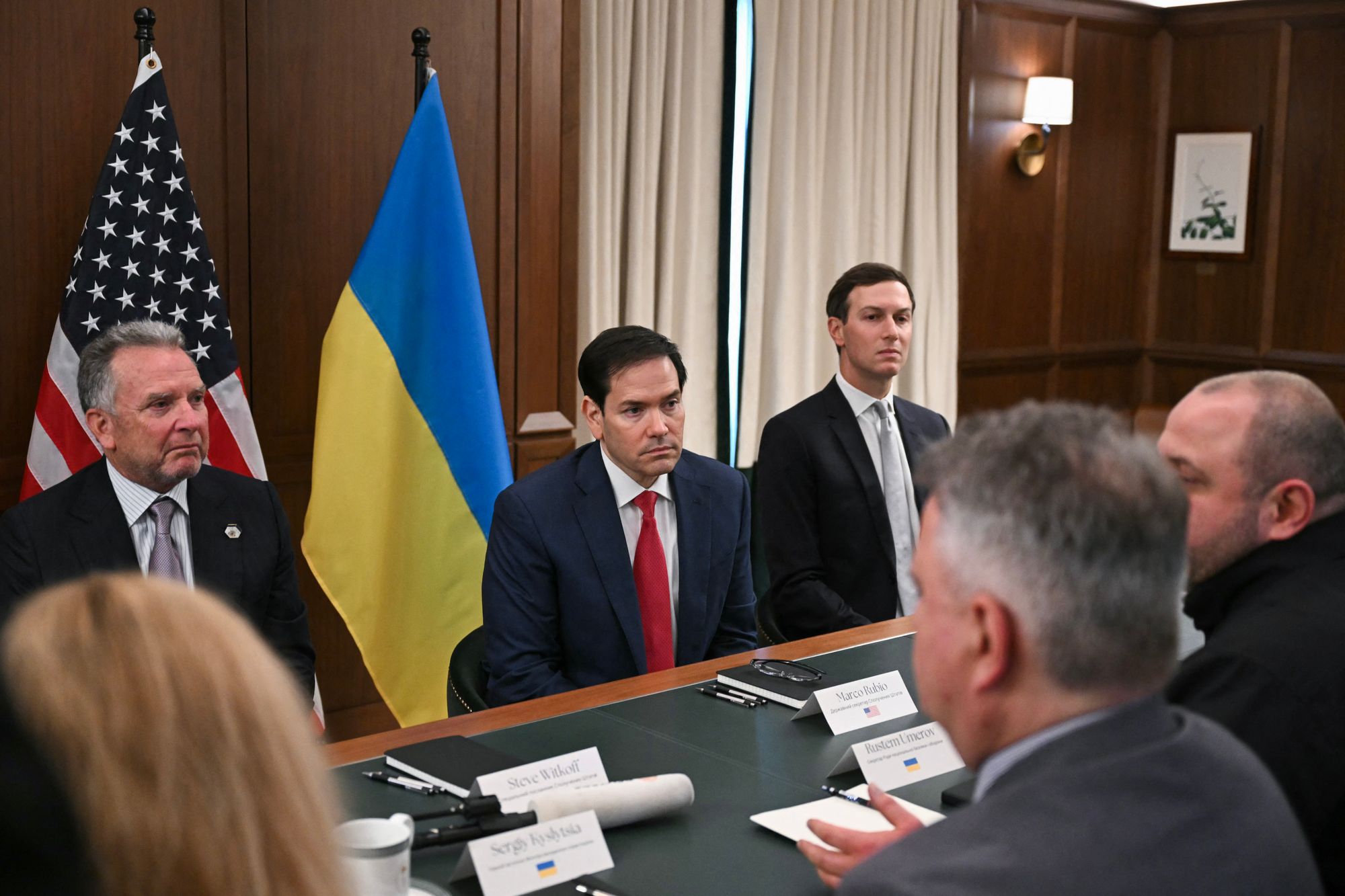 <p>White House Special Envoy Steve Witkoff, US Secretary of State Marco Rubio, and Jared Kushner listen as Rustem Umerov (R) speaks while leading Ukrainian delegation during a meeting in Hallandale Beach, Florida</p>