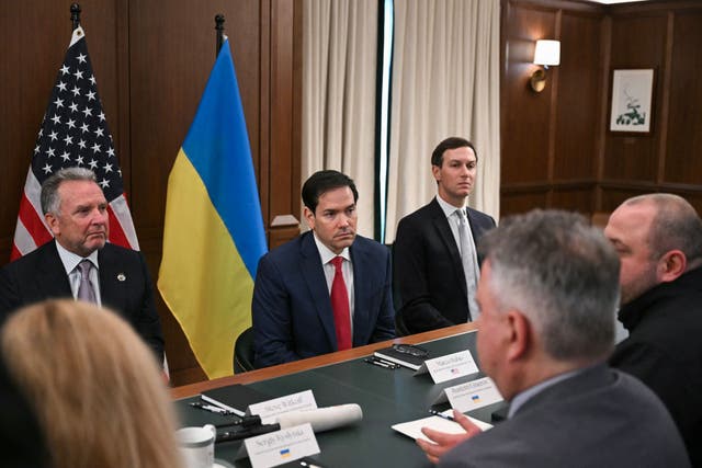 <p>White House Special Envoy Steve Witkoff, US Secretary of State Marco Rubio, and Jared Kushner listen as Rustem Umerov (R) speaks while leading Ukrainian delegation during a meeting in Hallandale Beach, Florida</p>