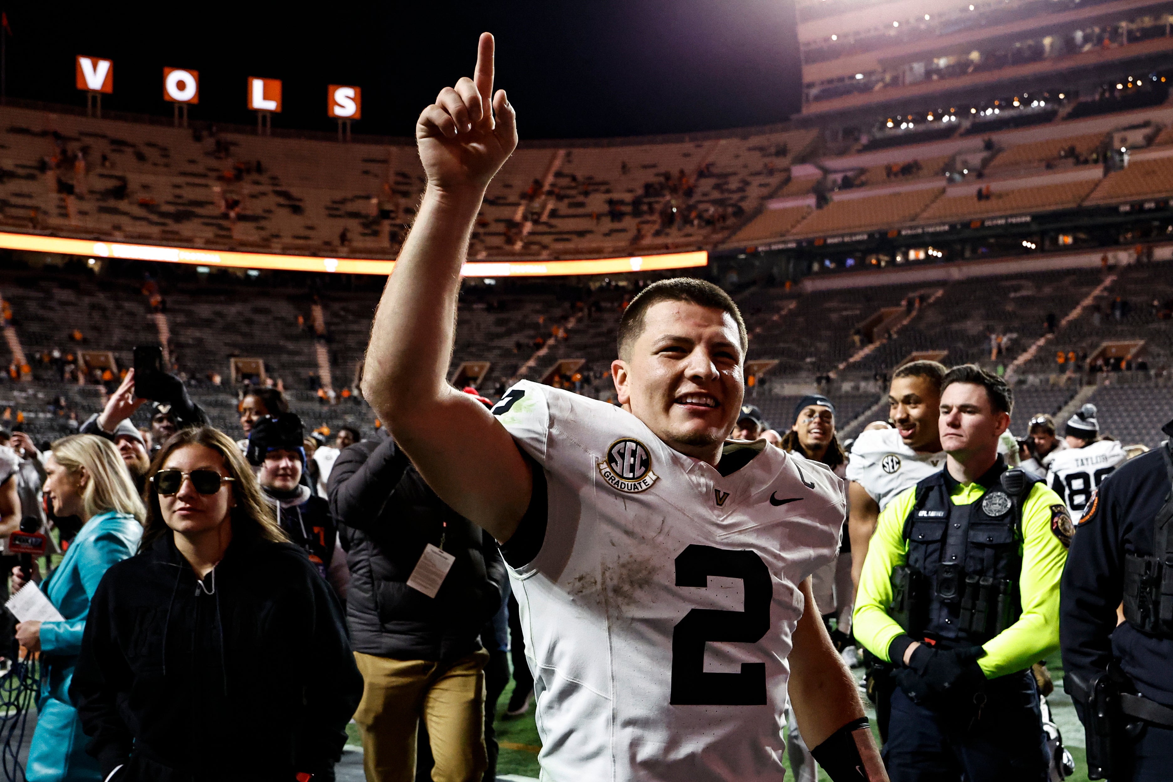 Vanderbilt quarterback Diego Pavia celebrates after an NCAA college football game Saturday in Knoxville, Tenn