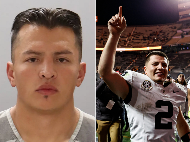 <p>Javier Pavia (left), the brother of Vanderbilt’s quarterback Diego Pavia (right), was taken into custody on a public intoxication charge during Vanderbilt’s 45-24 win over Tennessee on Friday when he allegedly clashed with Neyland Stadium staffers</p>