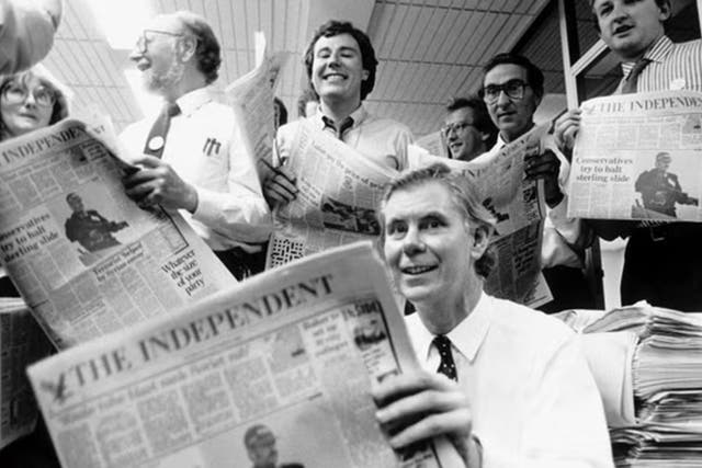 <p>Andreas Whittam Smith at the 1986 launch of The Independent, Britain’s ‘first new quality broadsheet newspaper since early Victorian times’</p>