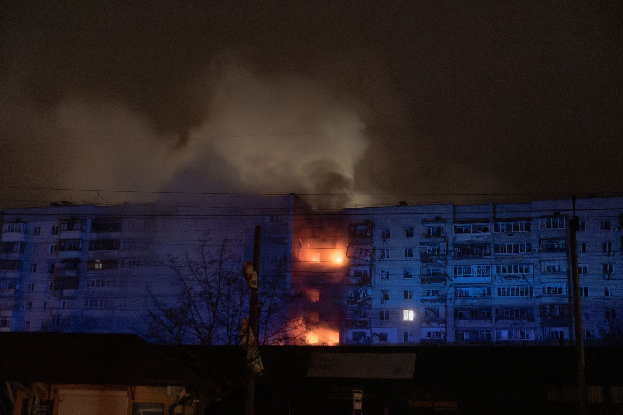 A residential building is seen on fire following a Russian drone attack on the city of Vyshhorod in the Kyiv region