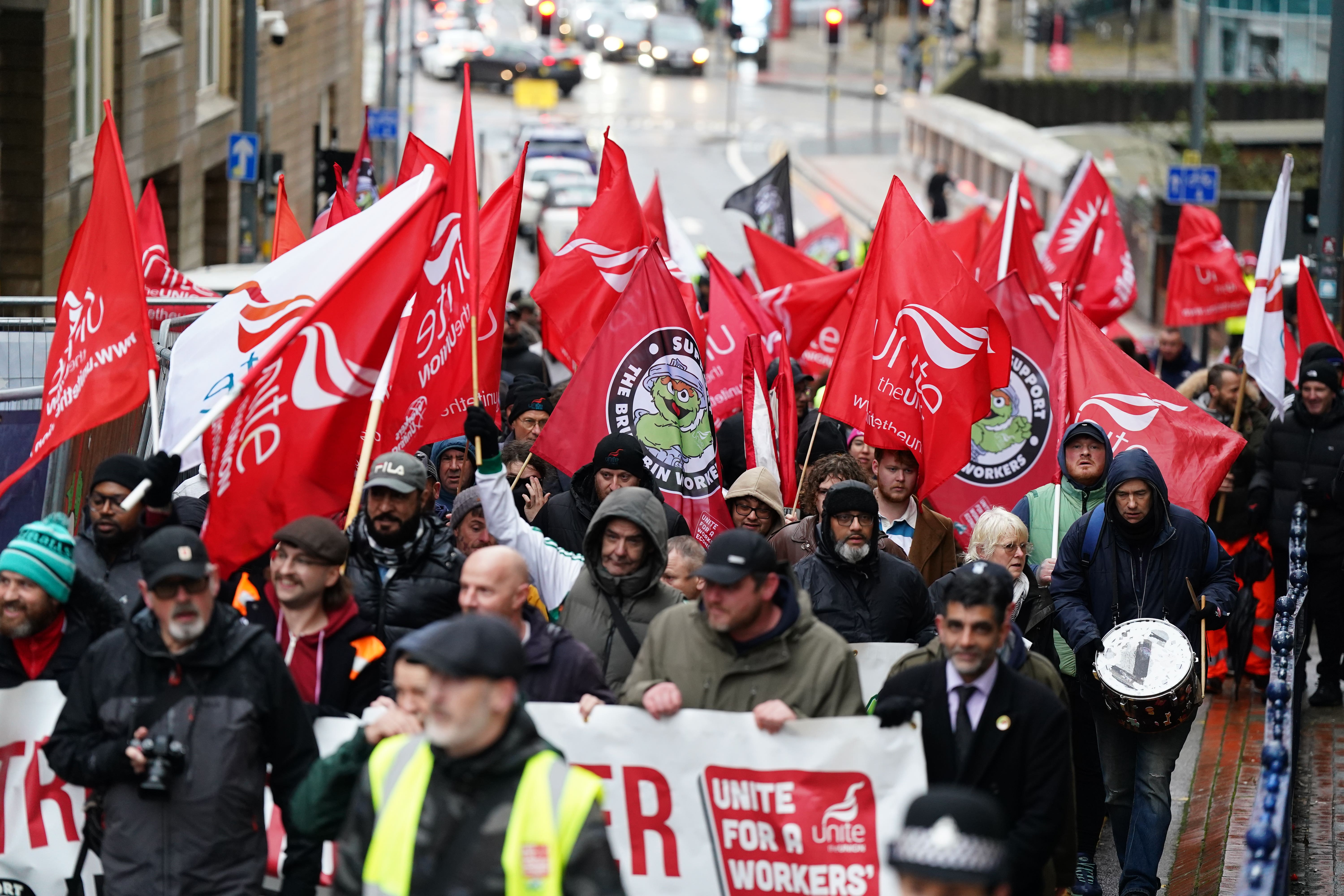 Job & Talent agency bin workers during a protest organised by Unite the Union (Jacob King/PA)